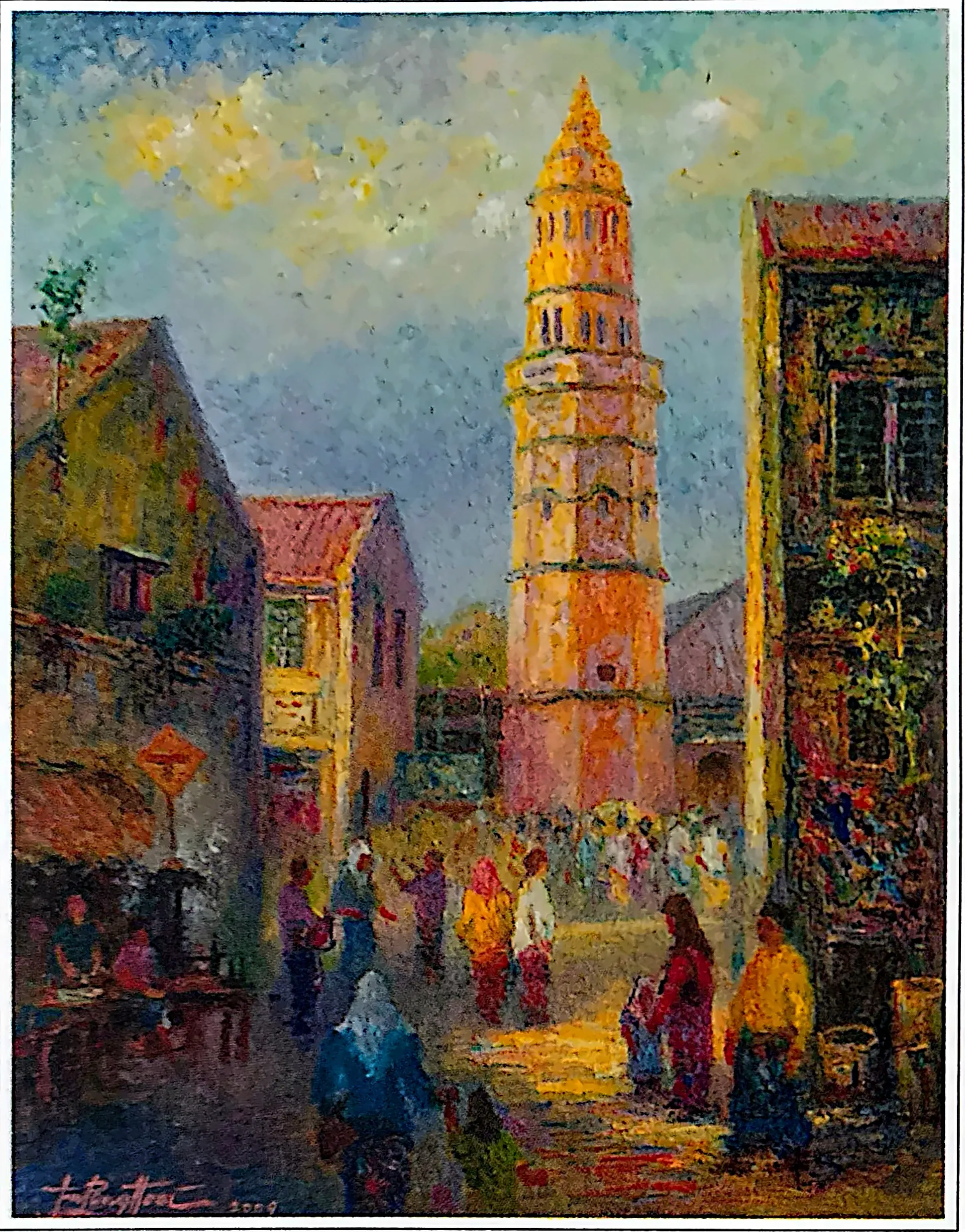 Oil painting titled Acheen St. Malay Mosque by Tan Peng Hooi, 2009.