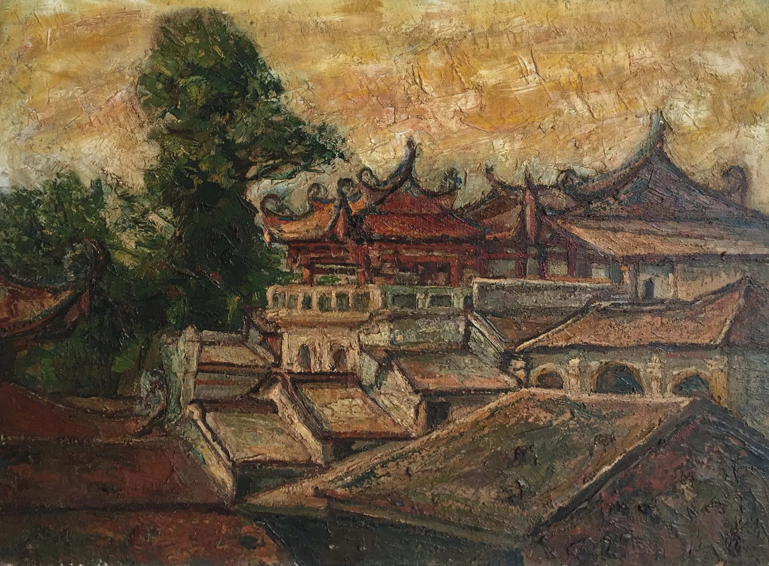 Oil painting of the Ayer Itam temple in Penang.