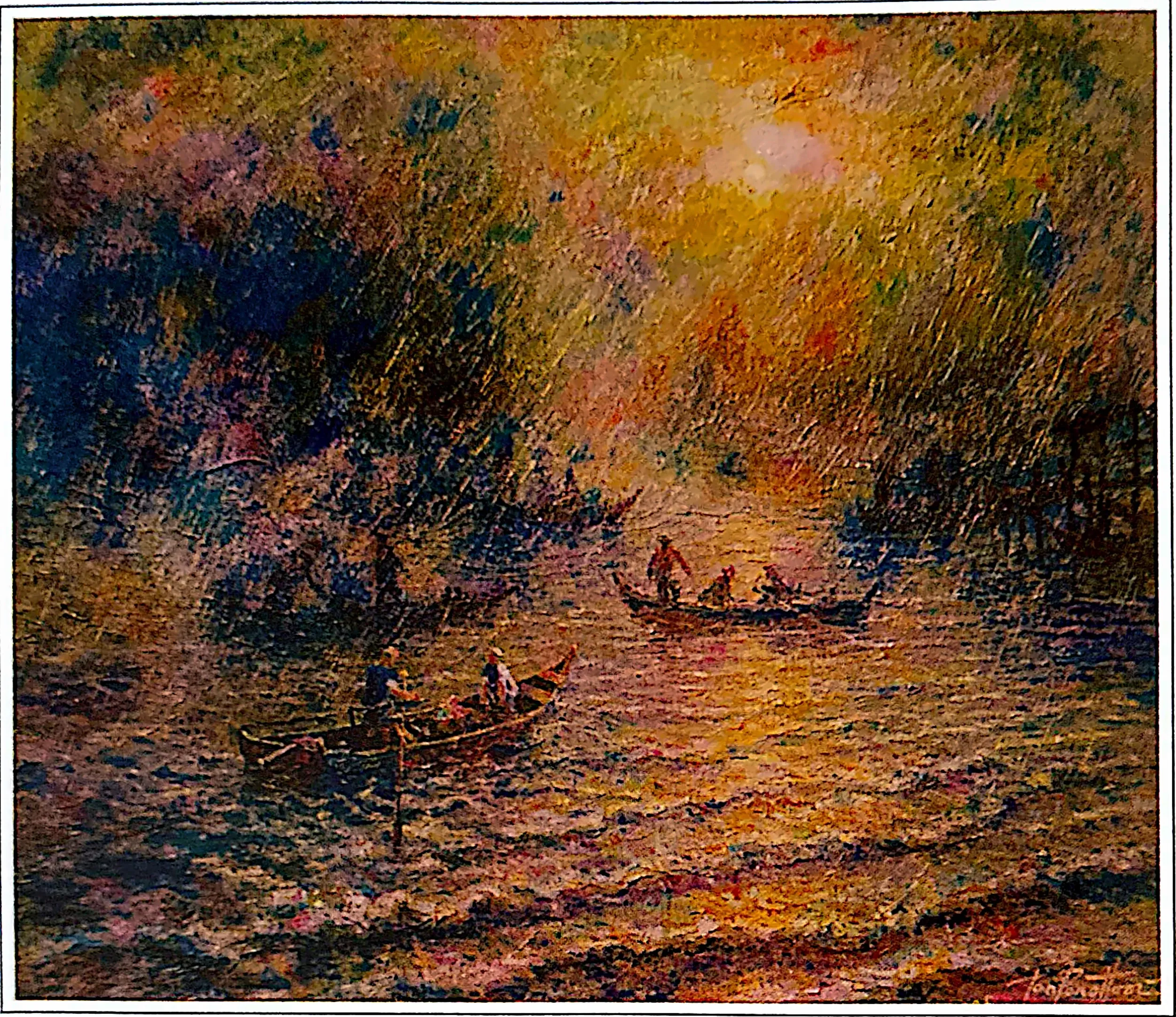 Oil painting titled Boat Gathering by Tan Peng Hooi, 2006.