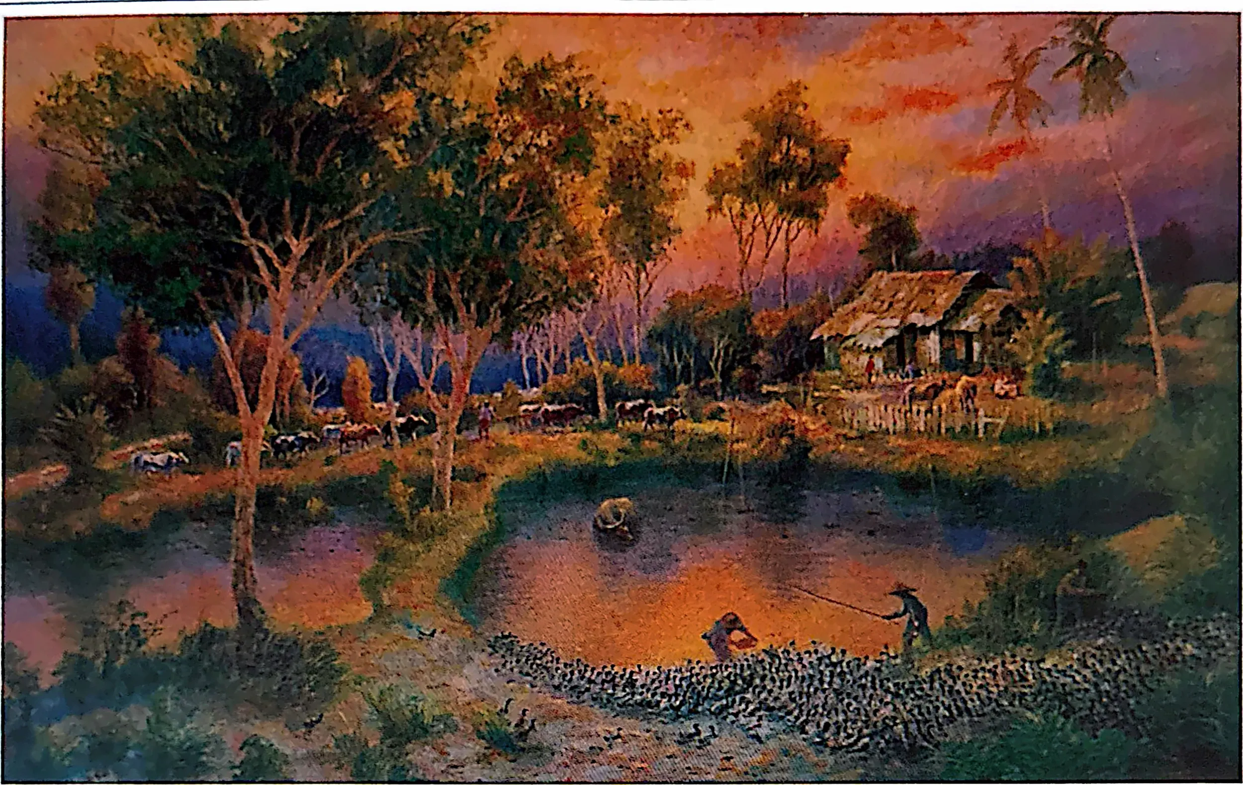 Oil painting titled Duck Farm (Before USM was built in Sungai Dua, Penang) by Tan Peng Hooi, 1983.