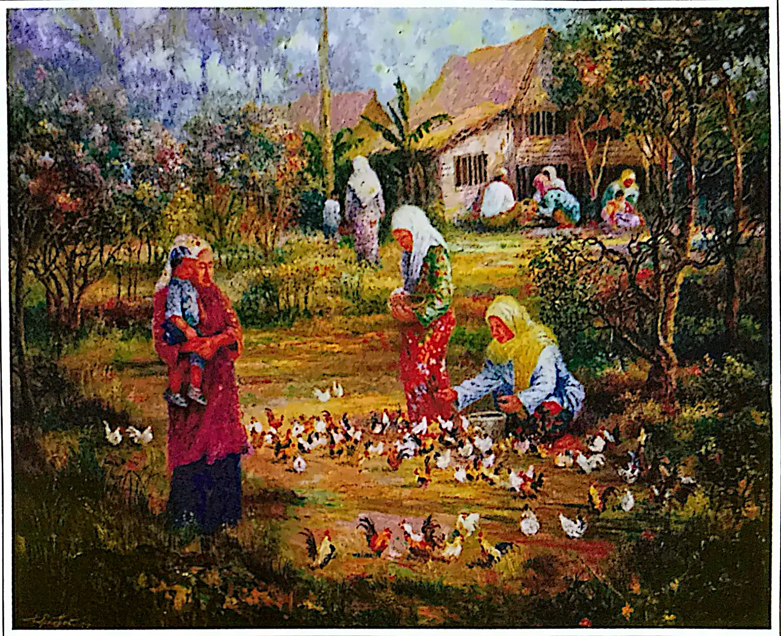 Oil painting titled Feeding Chicken by Tan Peng Hooi, 1999.
