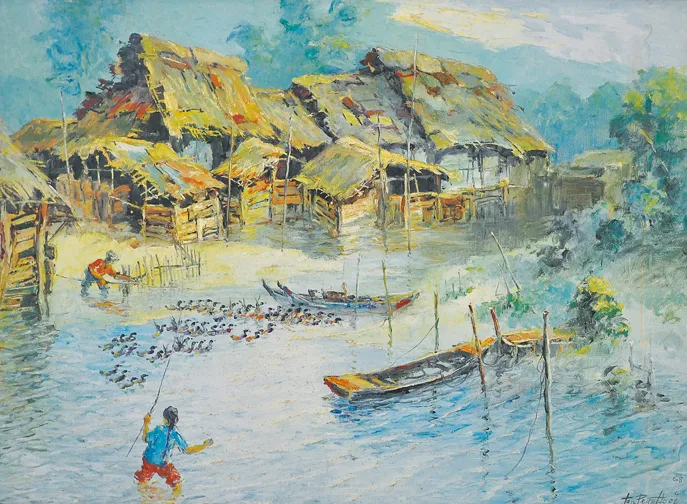 Oil painting of farmers feeding ducks in a village.