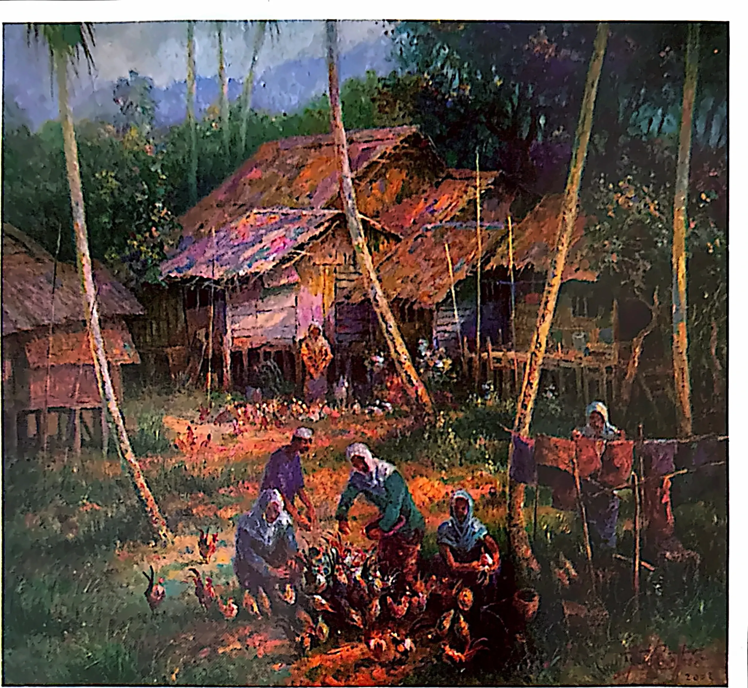 Oil painting titled Feeding Time by Tan Peng Hooi, 2003.