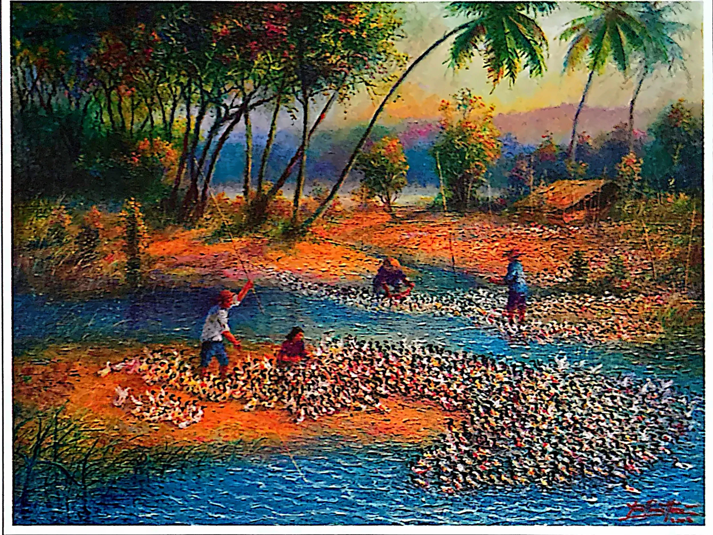 Oil painting titled Feeding Time by Tan Peng Hooi, 2008.