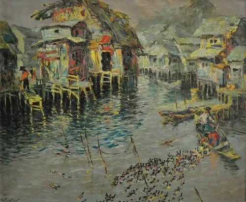 Oil painting of a riverside village scene at Sungai Pinang.