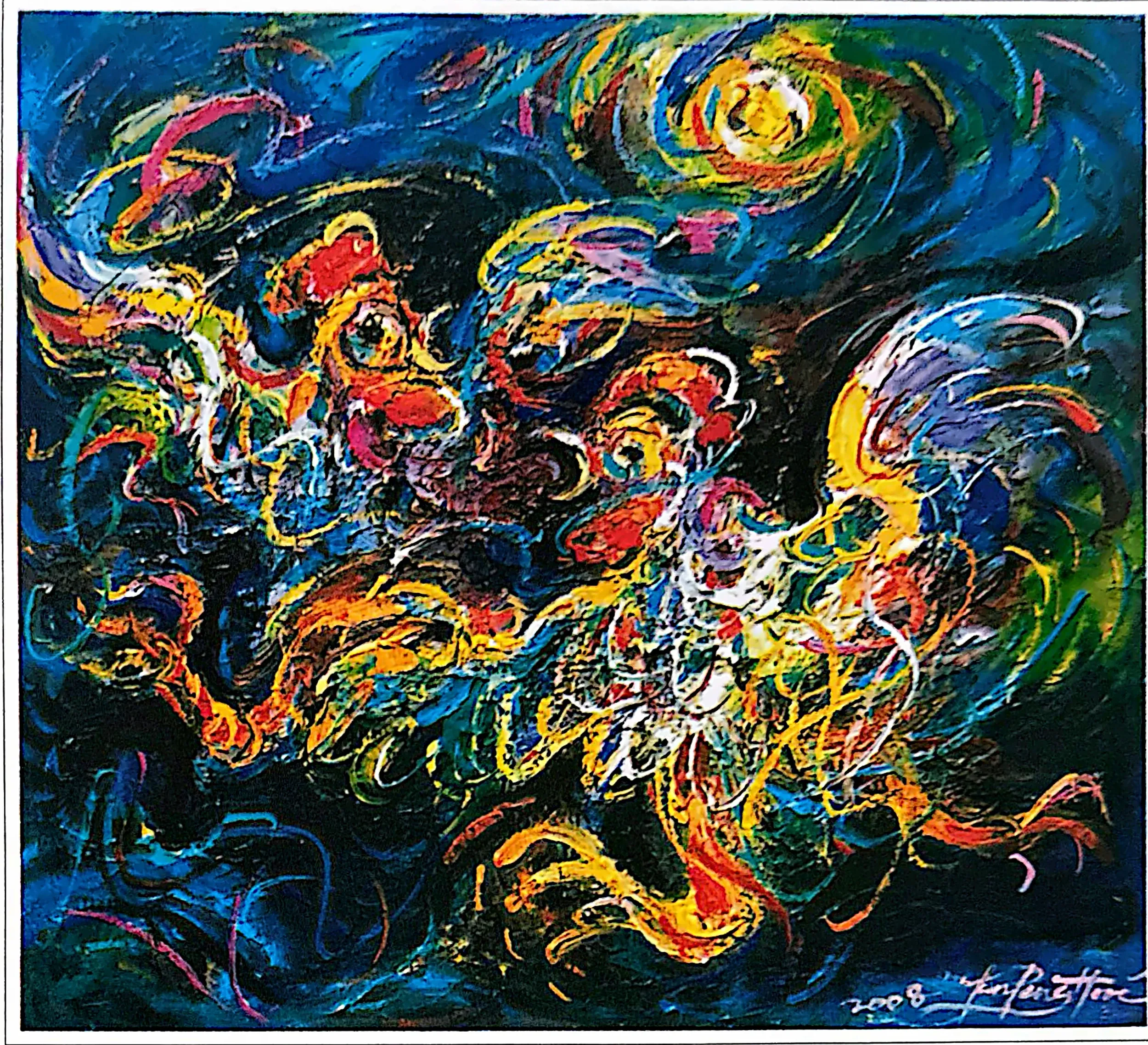 Oil painting titled Fighting Cocks by Tan Peng Hooi, 2008.