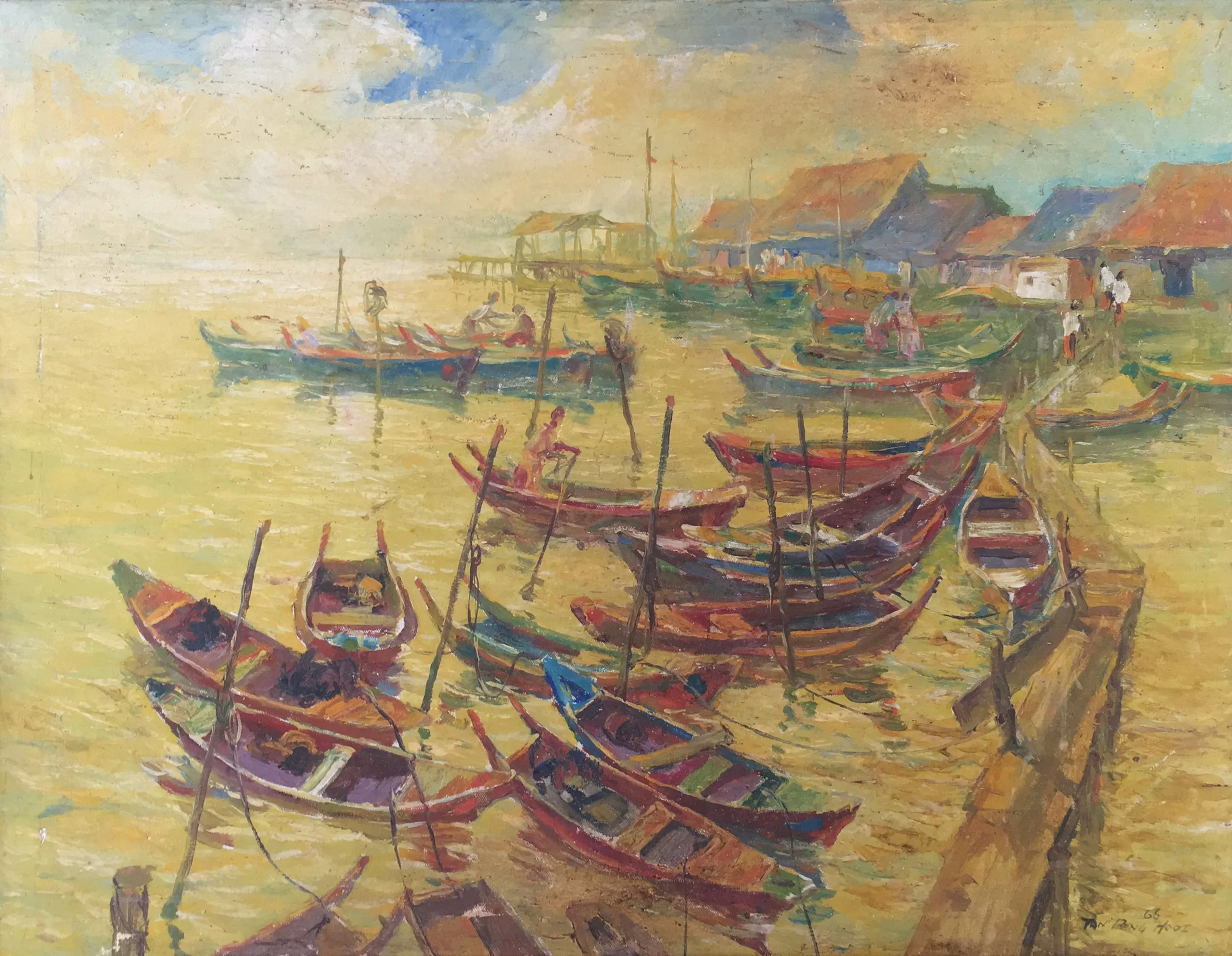 Oil painting of a fishing village.