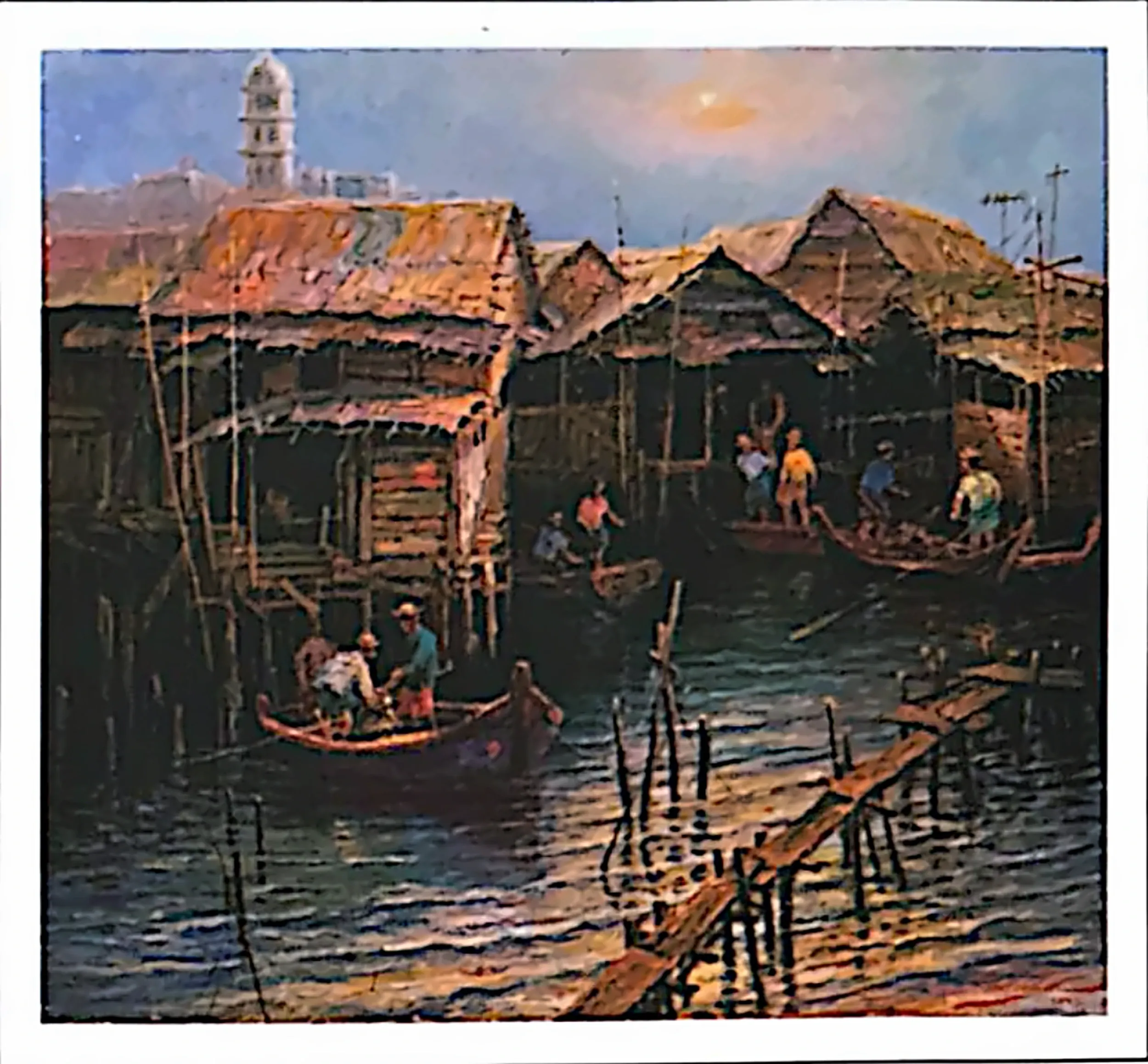 Oil painting titled Fishing Village by Tan Peng Hooi, 2003.