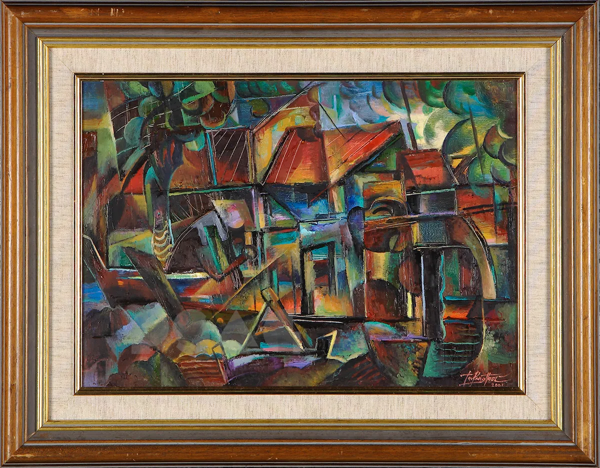 Oil painting of a Malaysian fishing village by the water.
