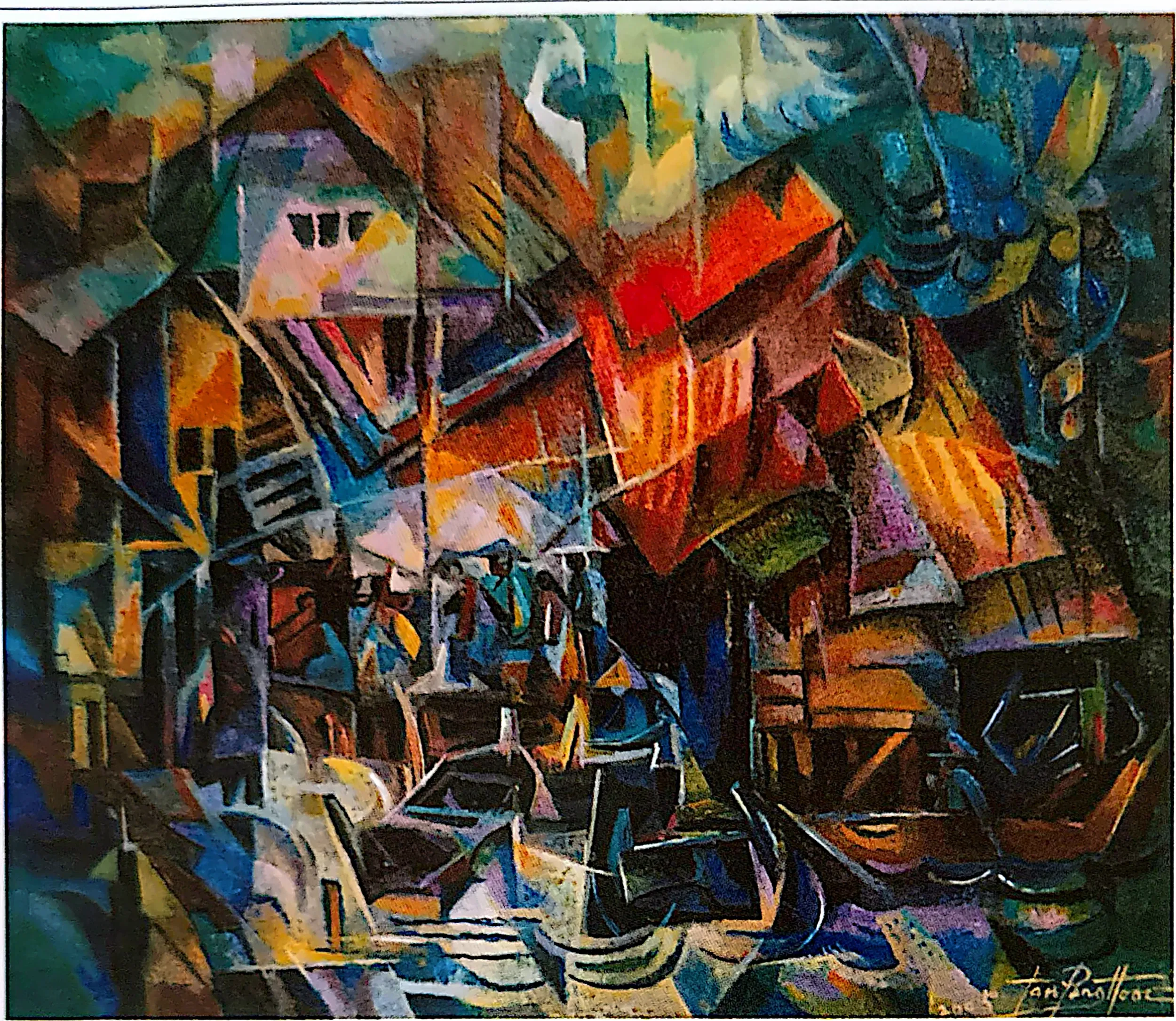 Oil painting titled Fishing Village by Tan Peng Hooi, 2005.