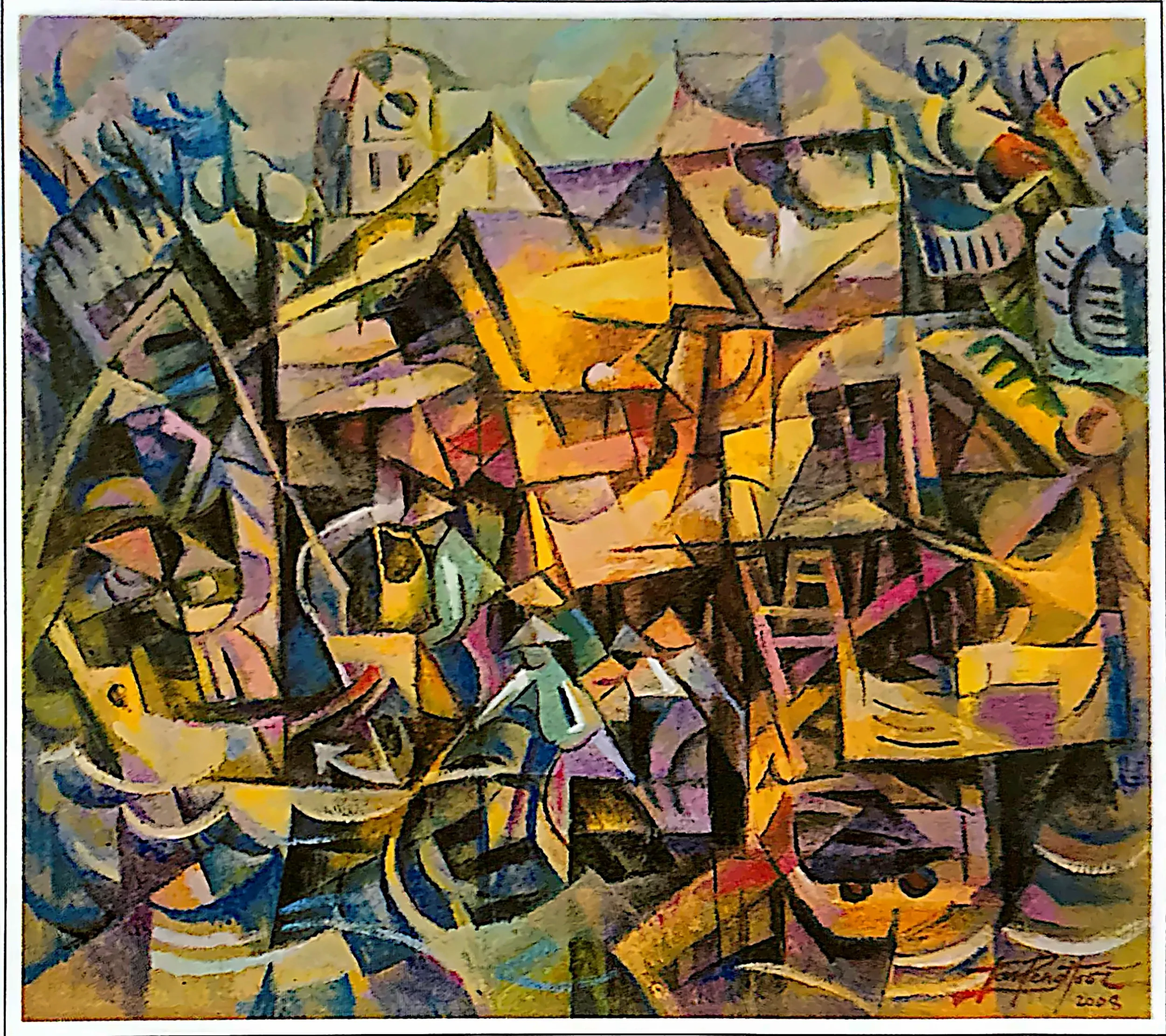 Oil painting titled Fishing Village by Tan Peng Hooi, 2008.
