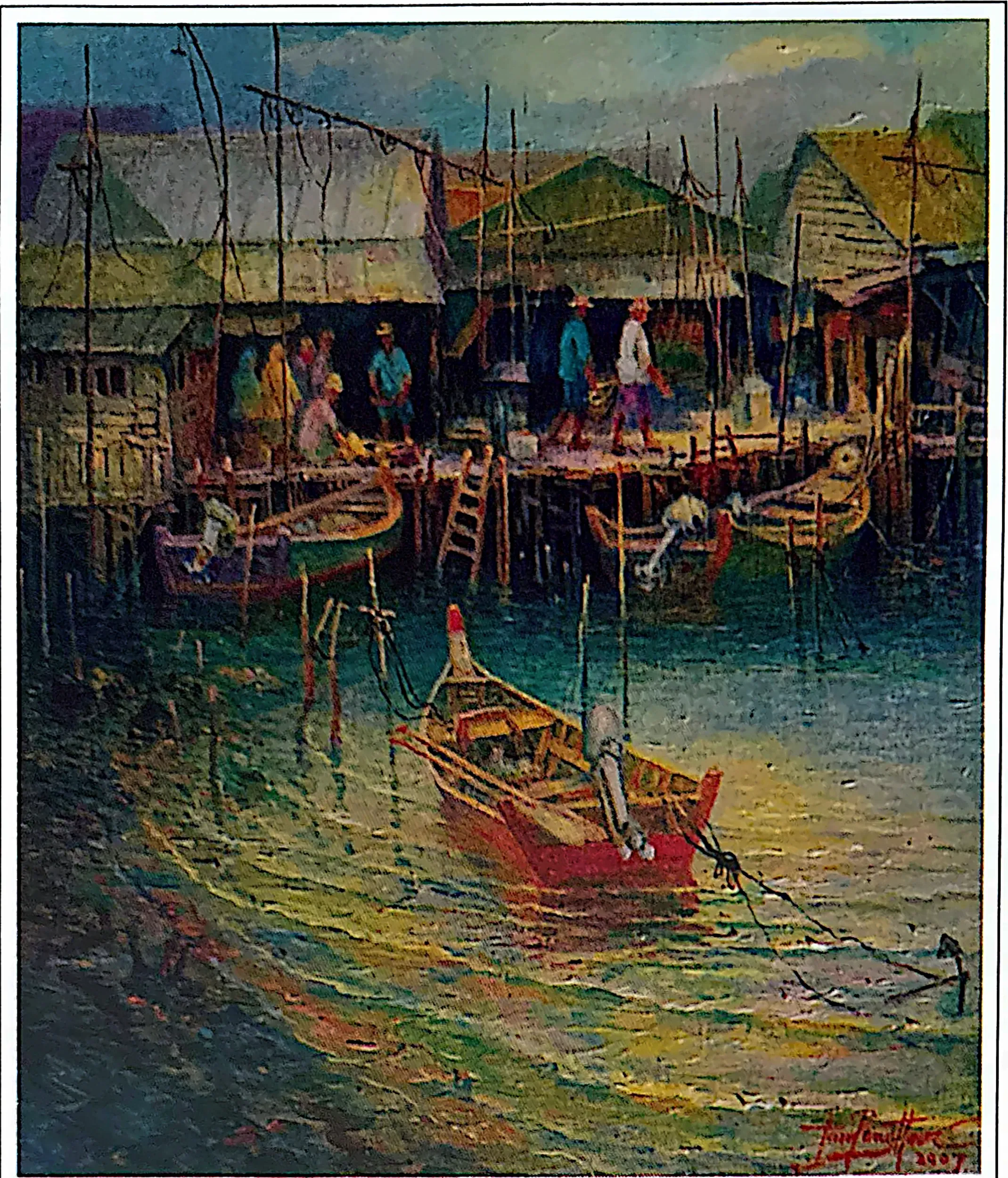 Oil painting titled Fishing Village by Tan Peng Hooi, 2008.