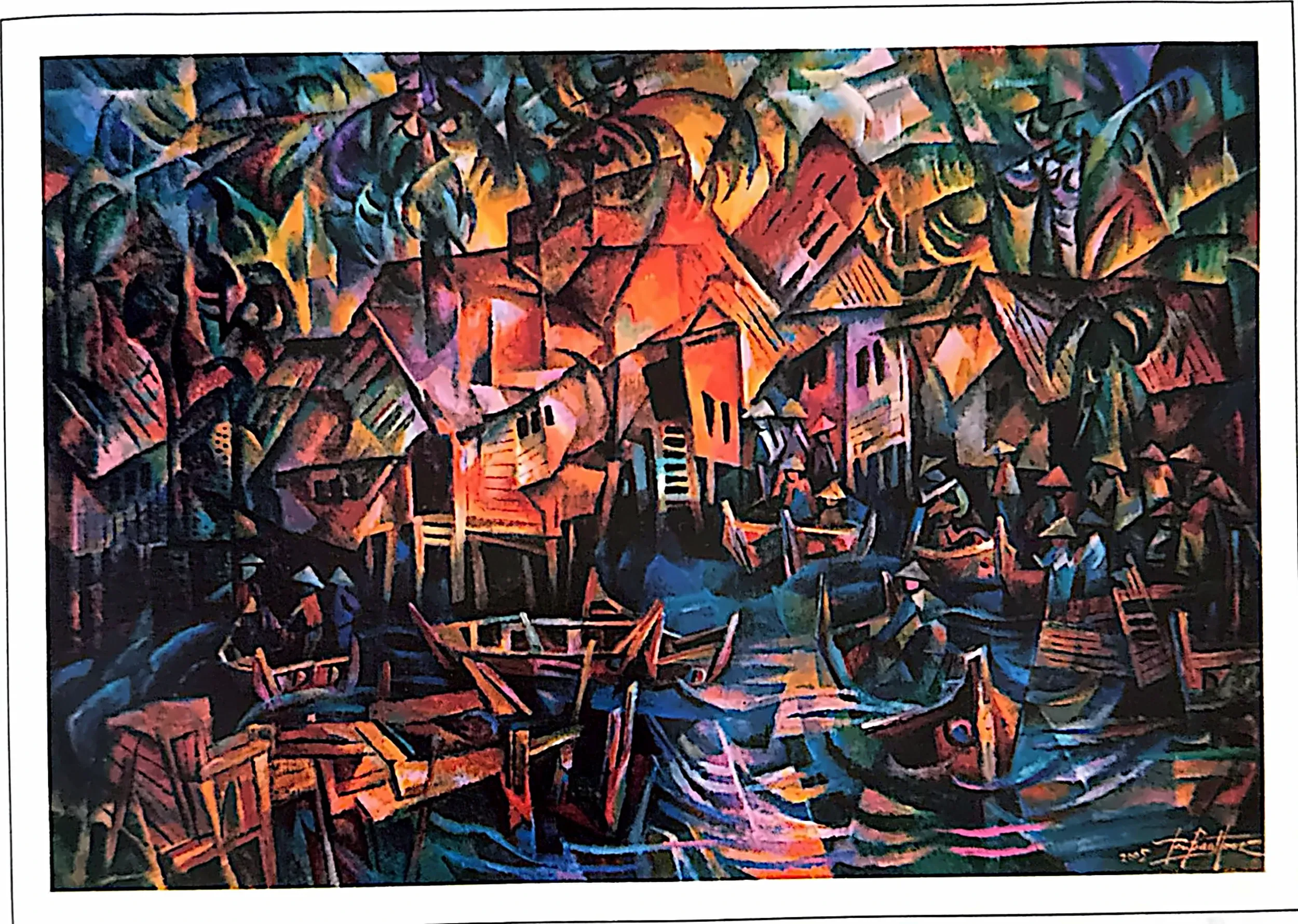 Oil painting titled Fishing Village by Tan Peng Hooi, 2005.