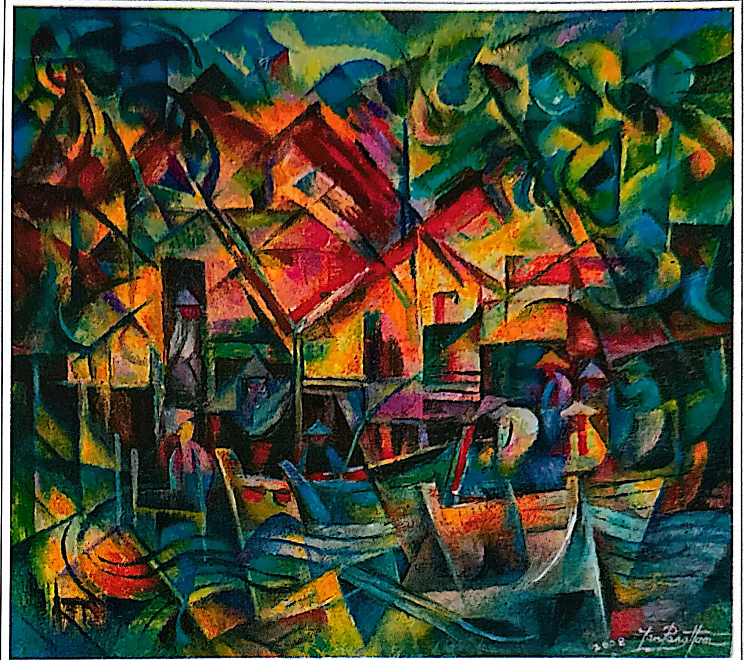 Oil painting titled Fishing Village by Tan Peng Hooi, 2008.
