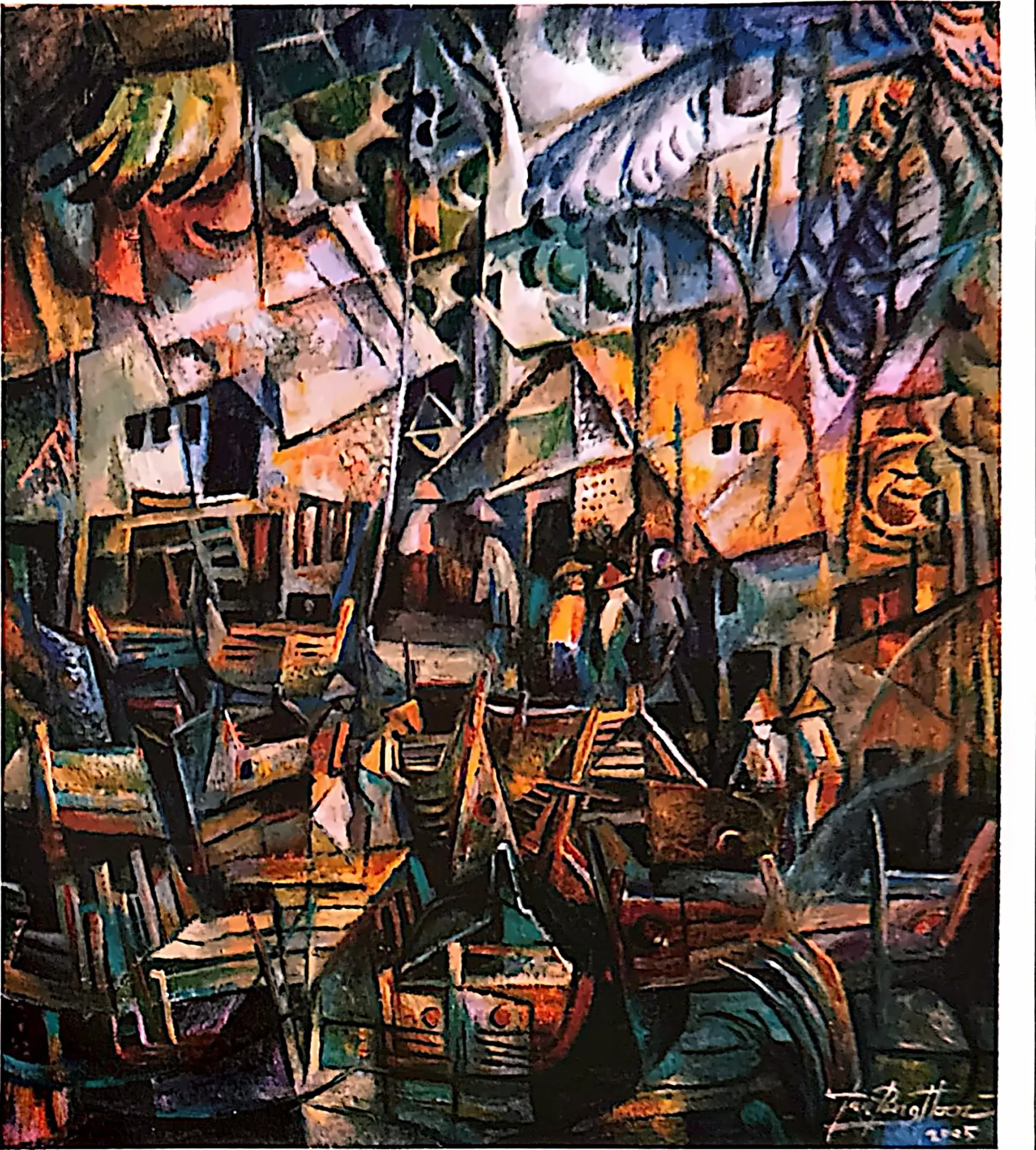 Oil painting titled Fishing Village by Tan Peng Hooi, 2005.