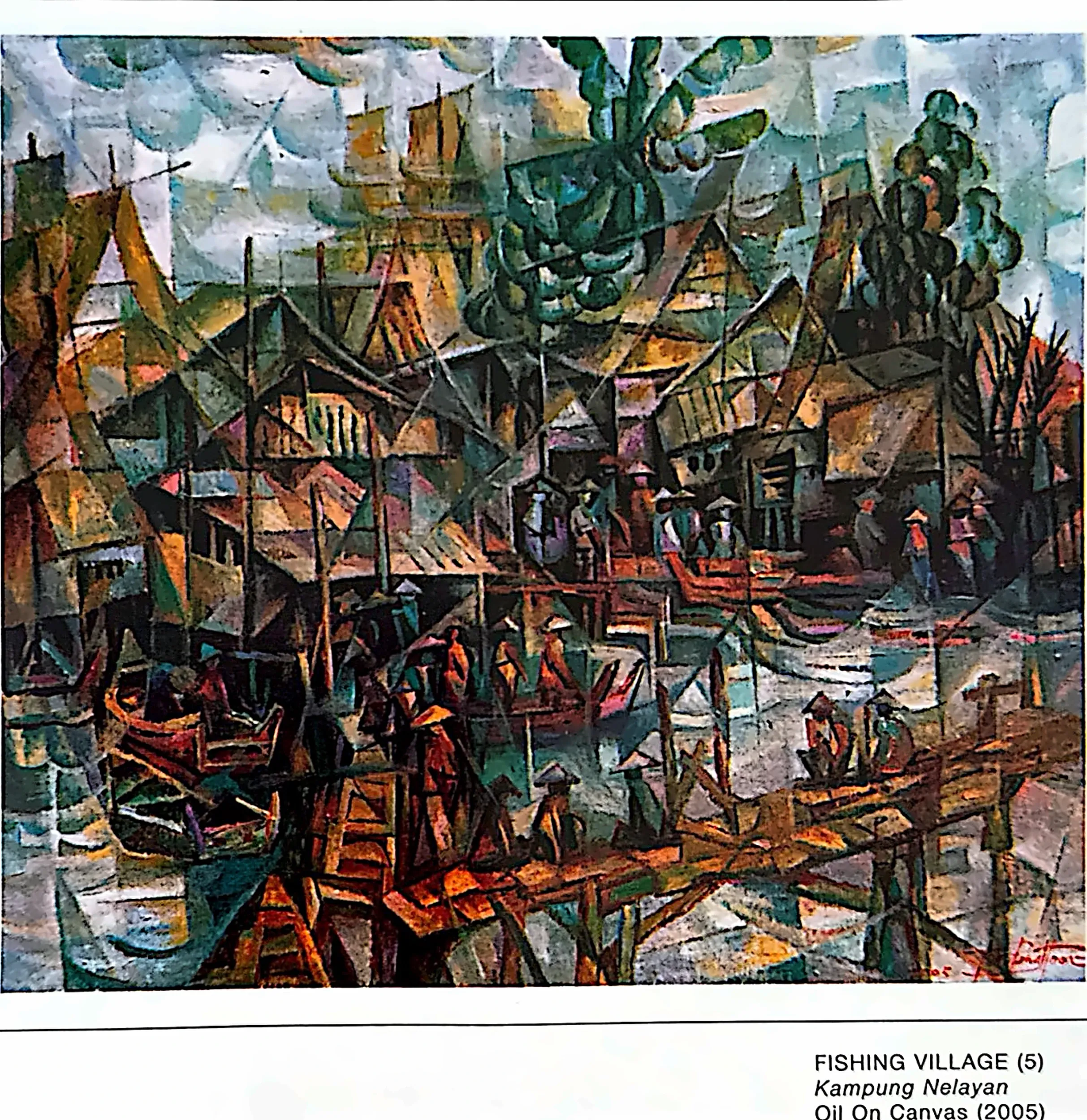 Oil painting titled Fishing Village by Tan Peng Hooi, 2005.