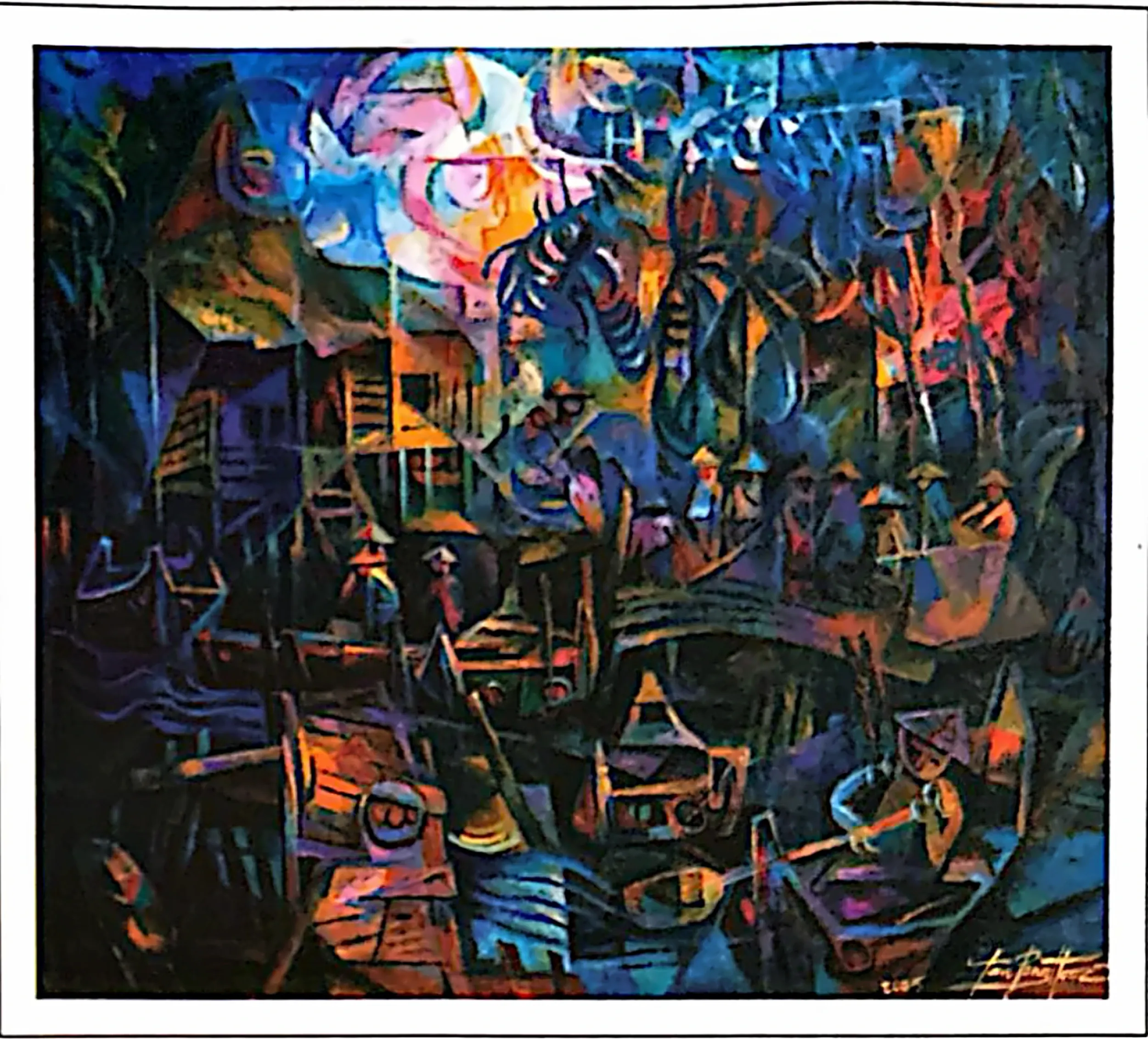 Oil painting titled Fishing Village by Tan Peng Hooi, 2005.