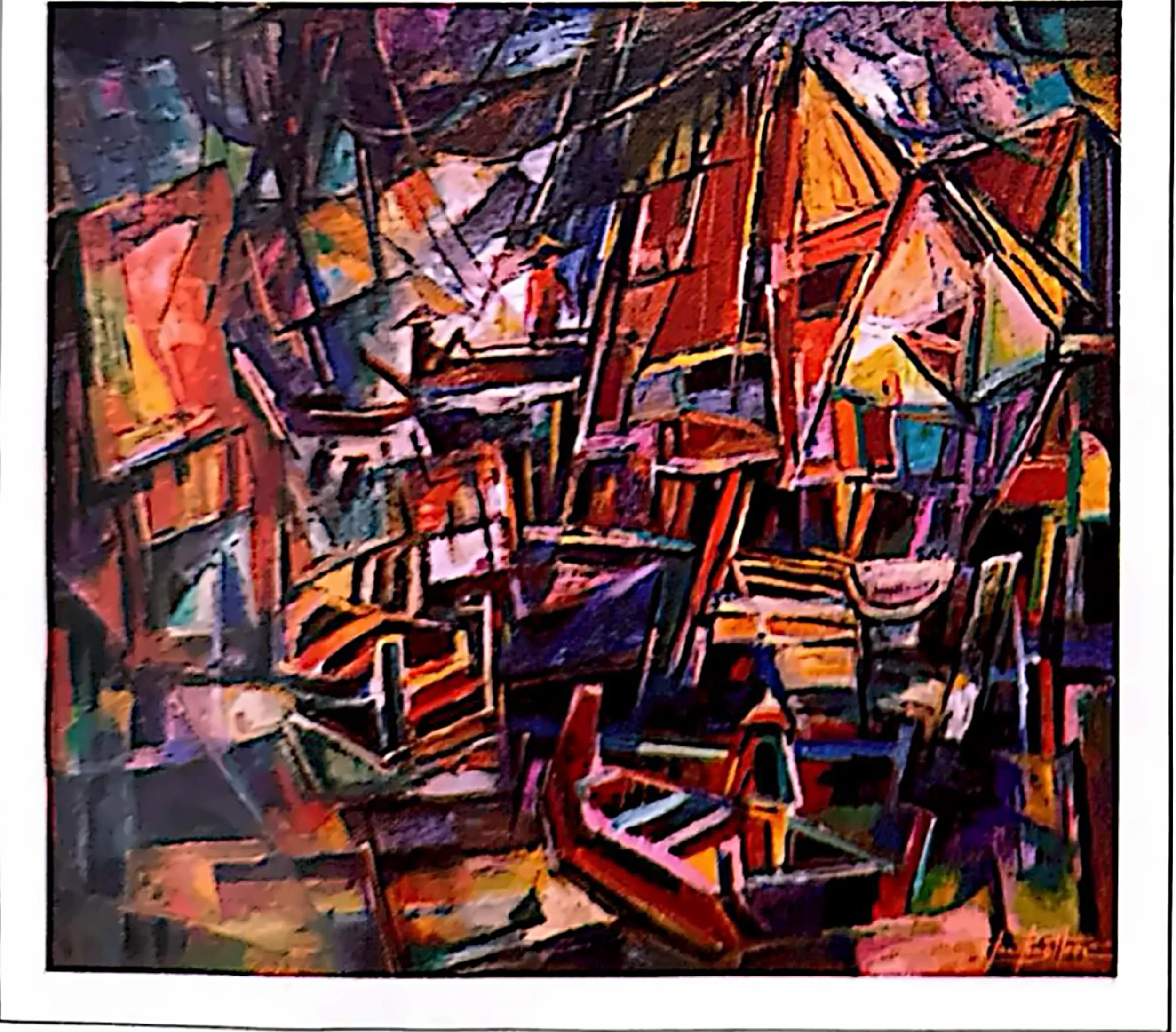 Oil painting titled Fishing Village by Tan Peng Hooi, 2002.