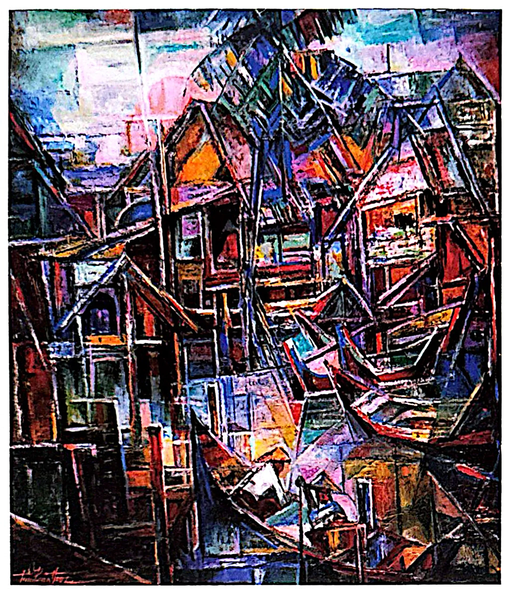 Oil painting titled Fishing Village by Tan Peng Hooi, 1999.