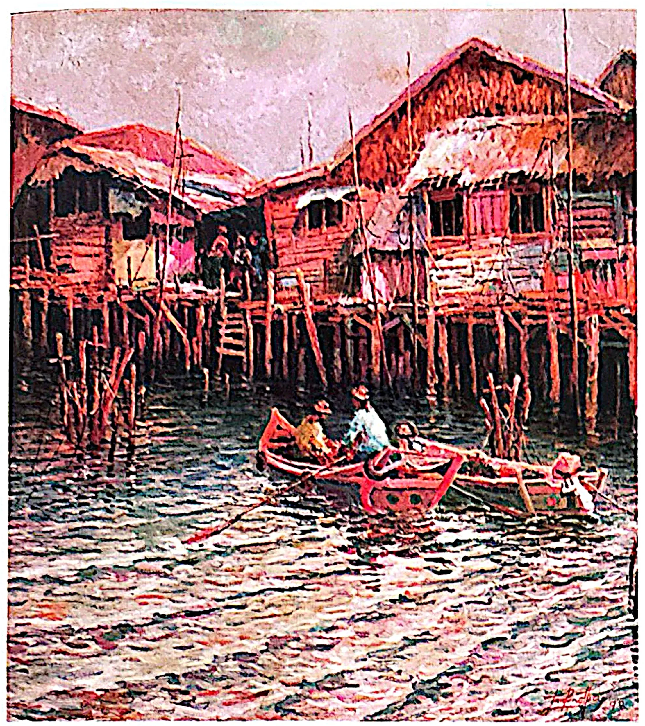 Oil painting titled Fishing Village by Tan Peng Hooi.