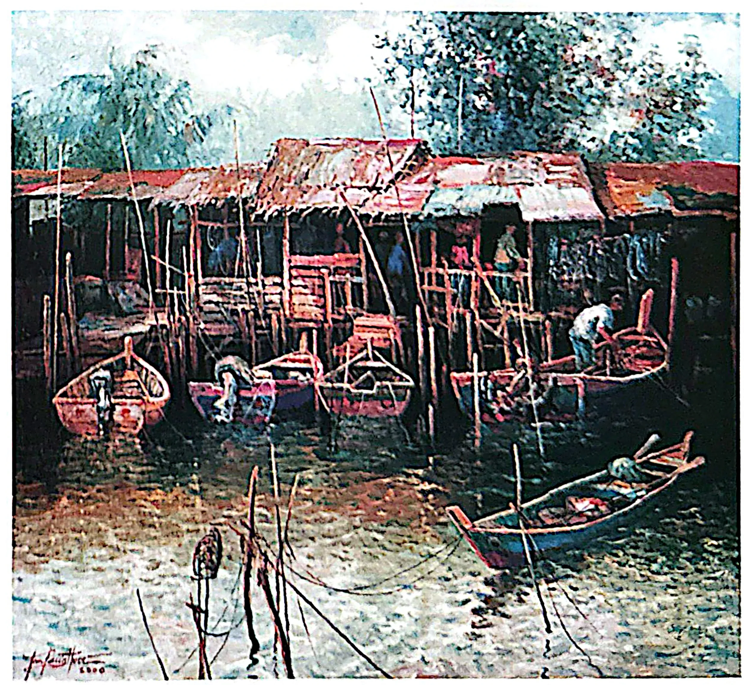 Oil painting titled Fishing Village by Tan Peng Hooi, 1991.