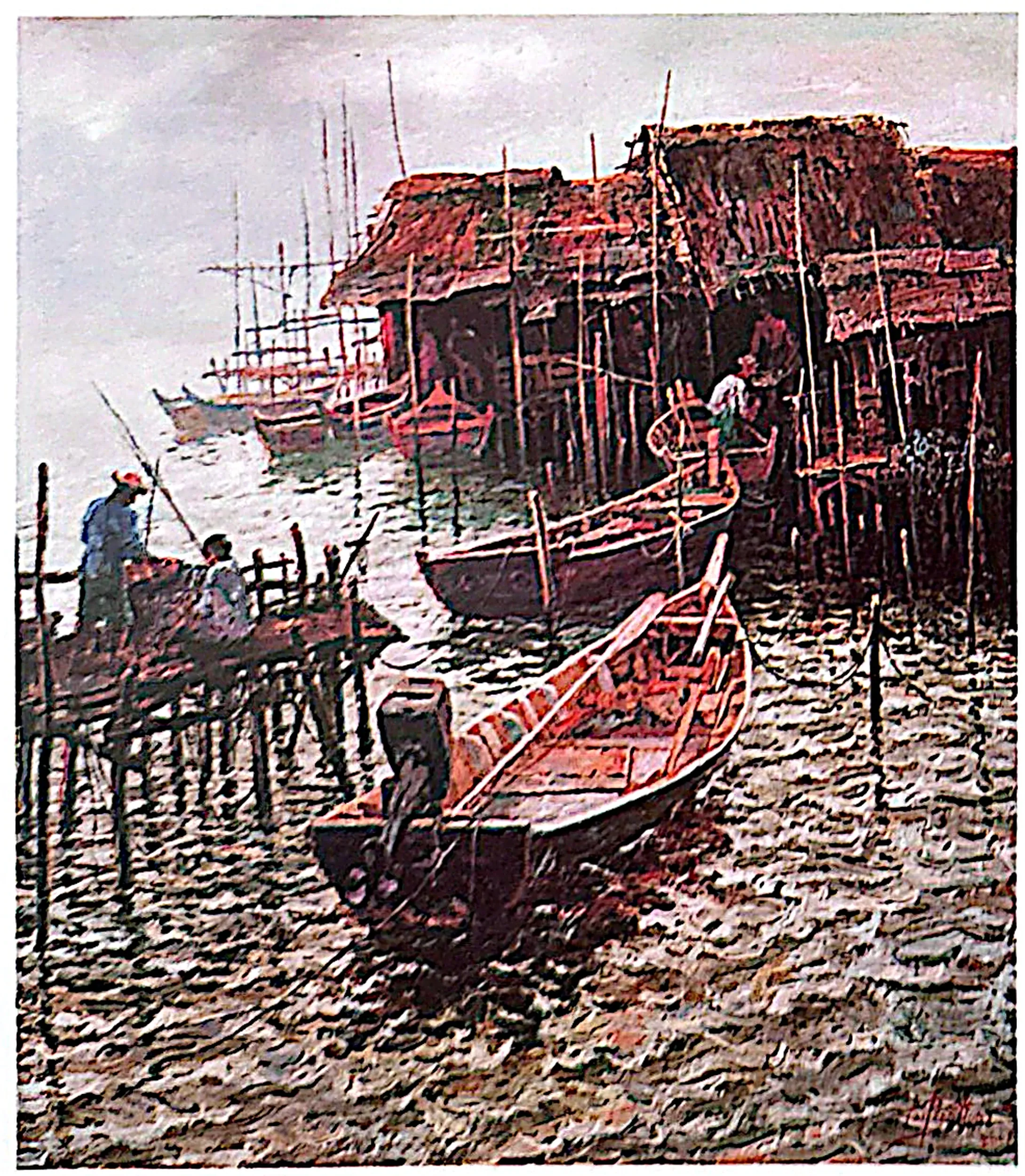 Oil painting titled Fishing Village by Tan Peng Hooi.