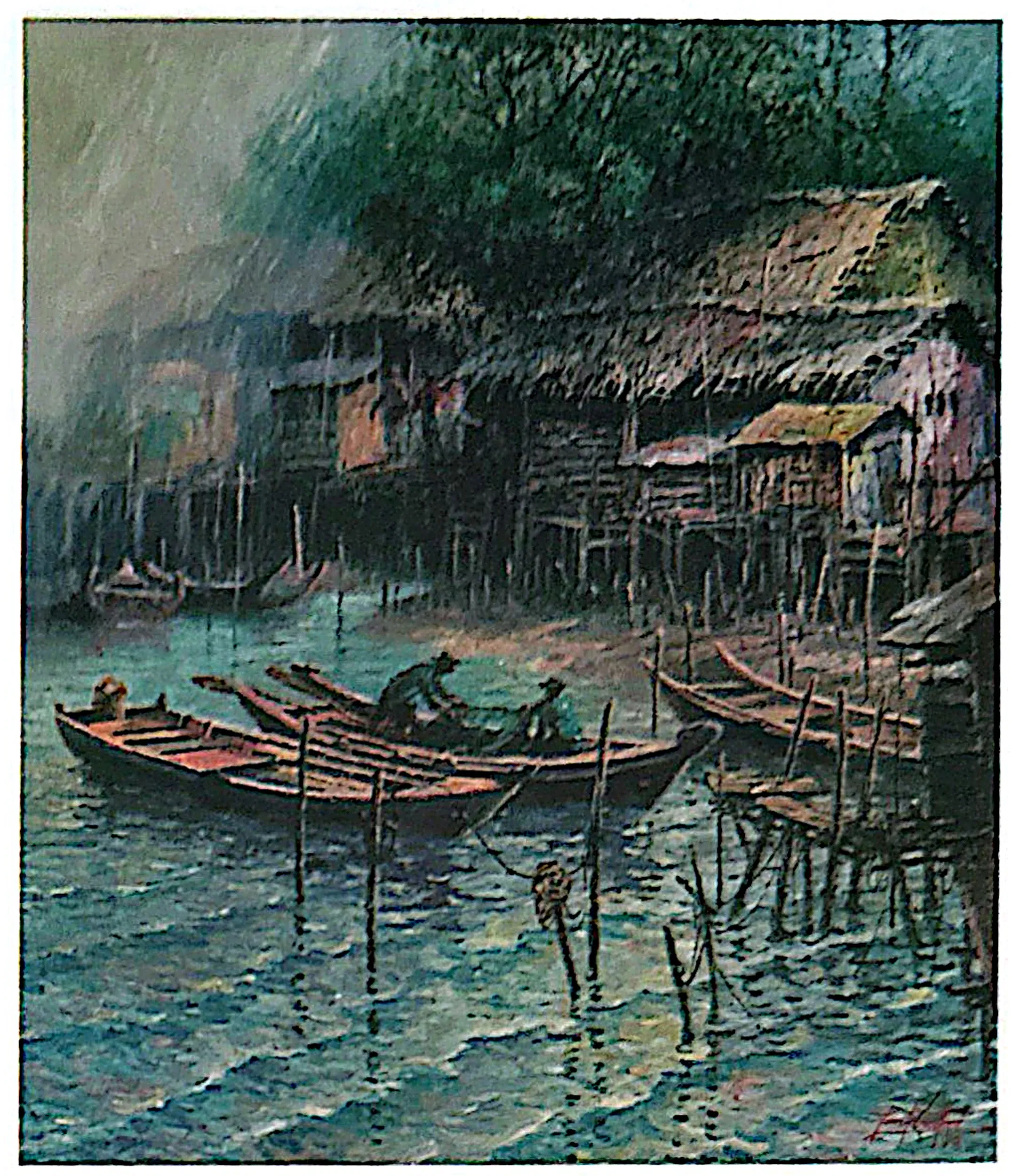 Oil painting titled Fishing Village by Tan Peng Hooi.