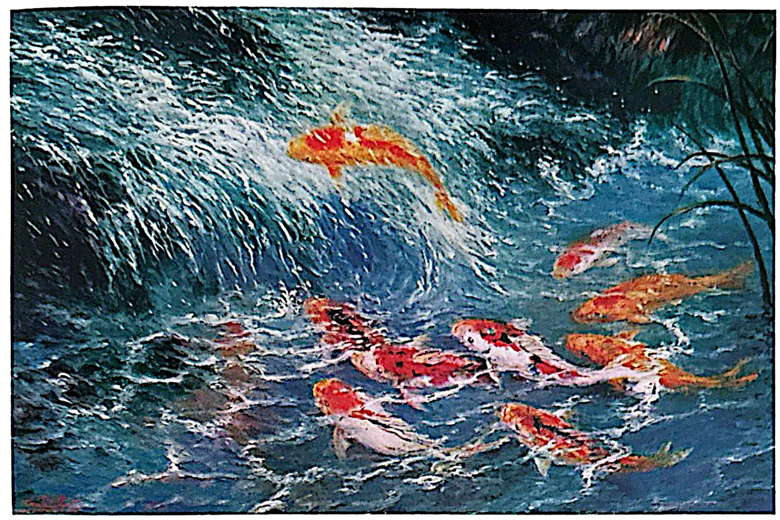 Oil painting titled Golden Carps by Tan Peng Hooi, 1994.