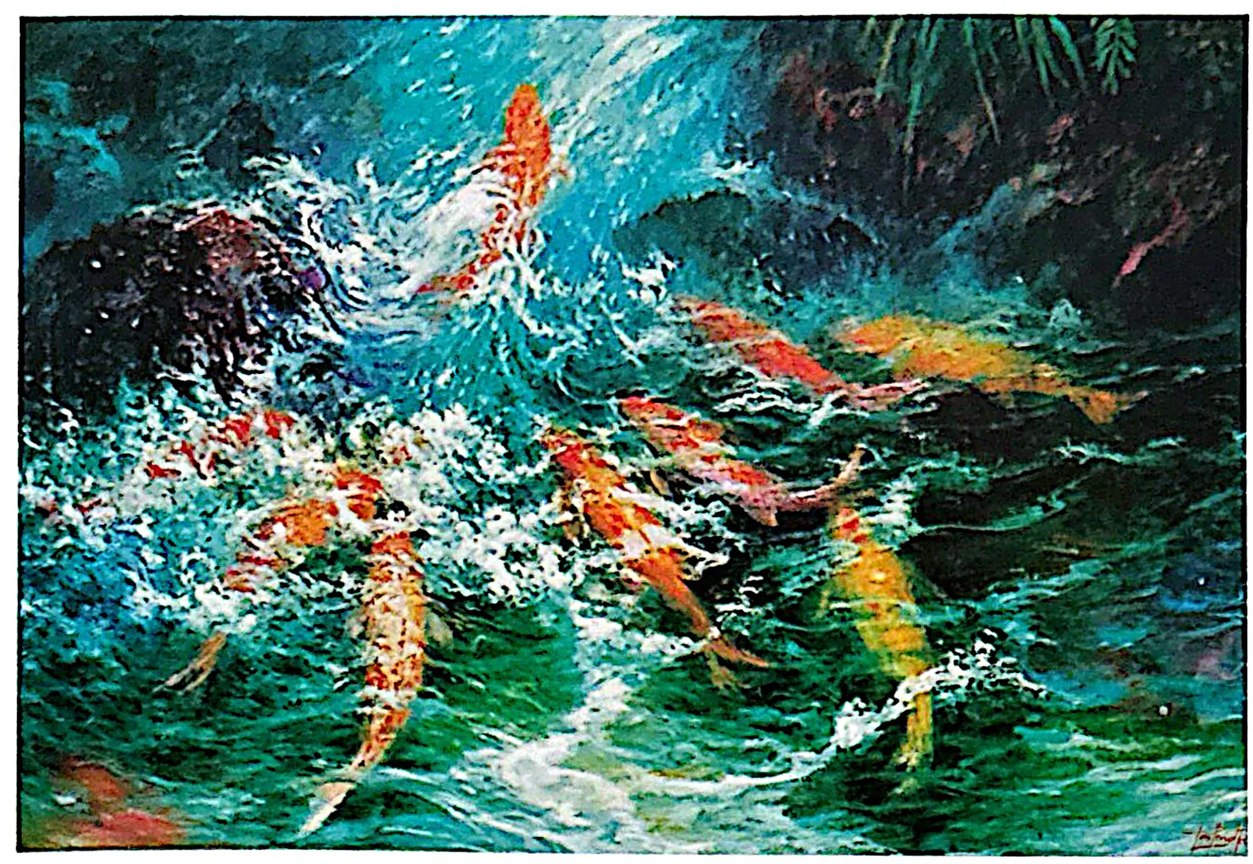 Oil painting titled Golden Carps by Tan Peng Hooi, 1994.