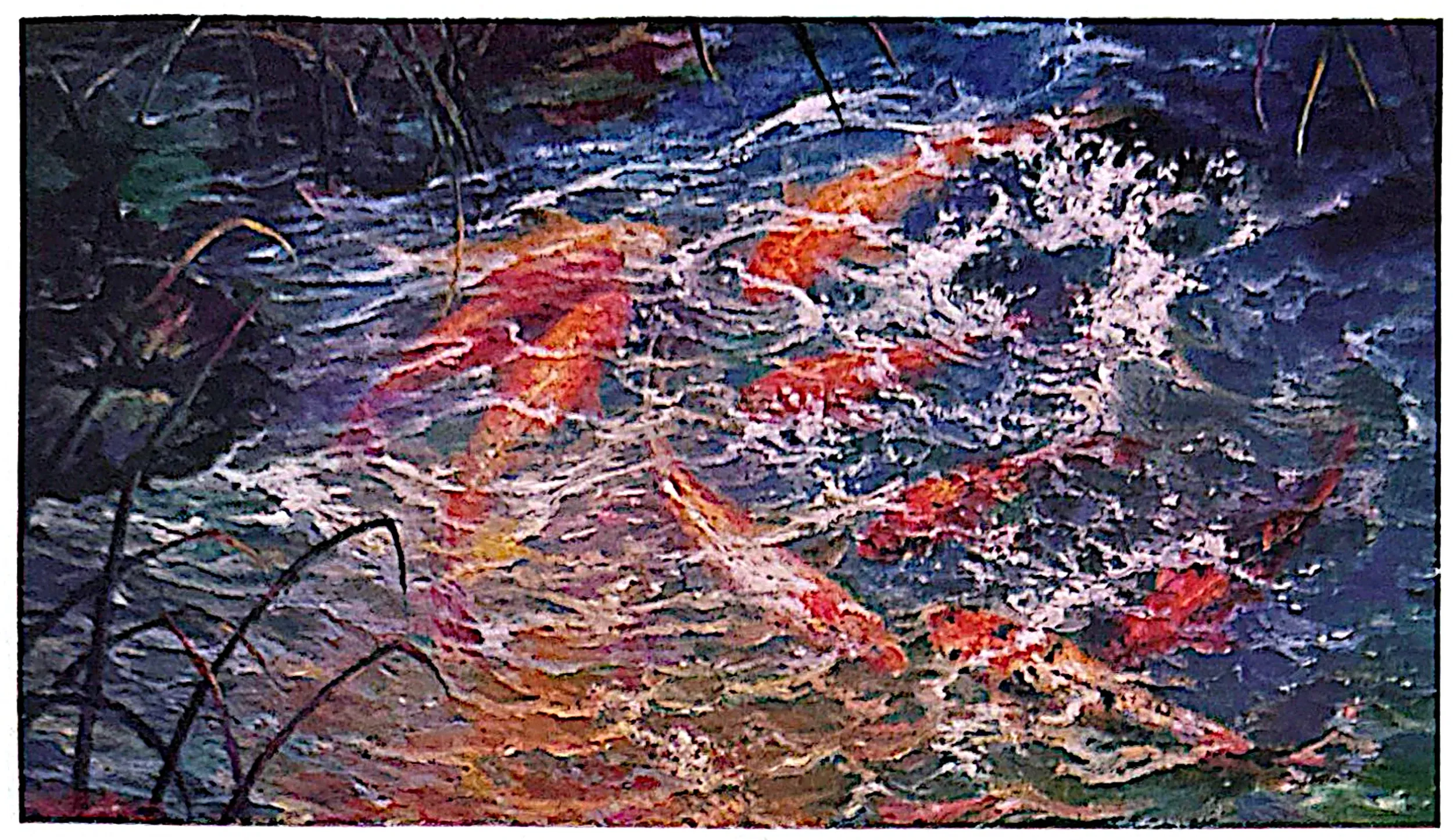 Oil painting titled Golden Carps by Tan Peng Hooi, 1992.