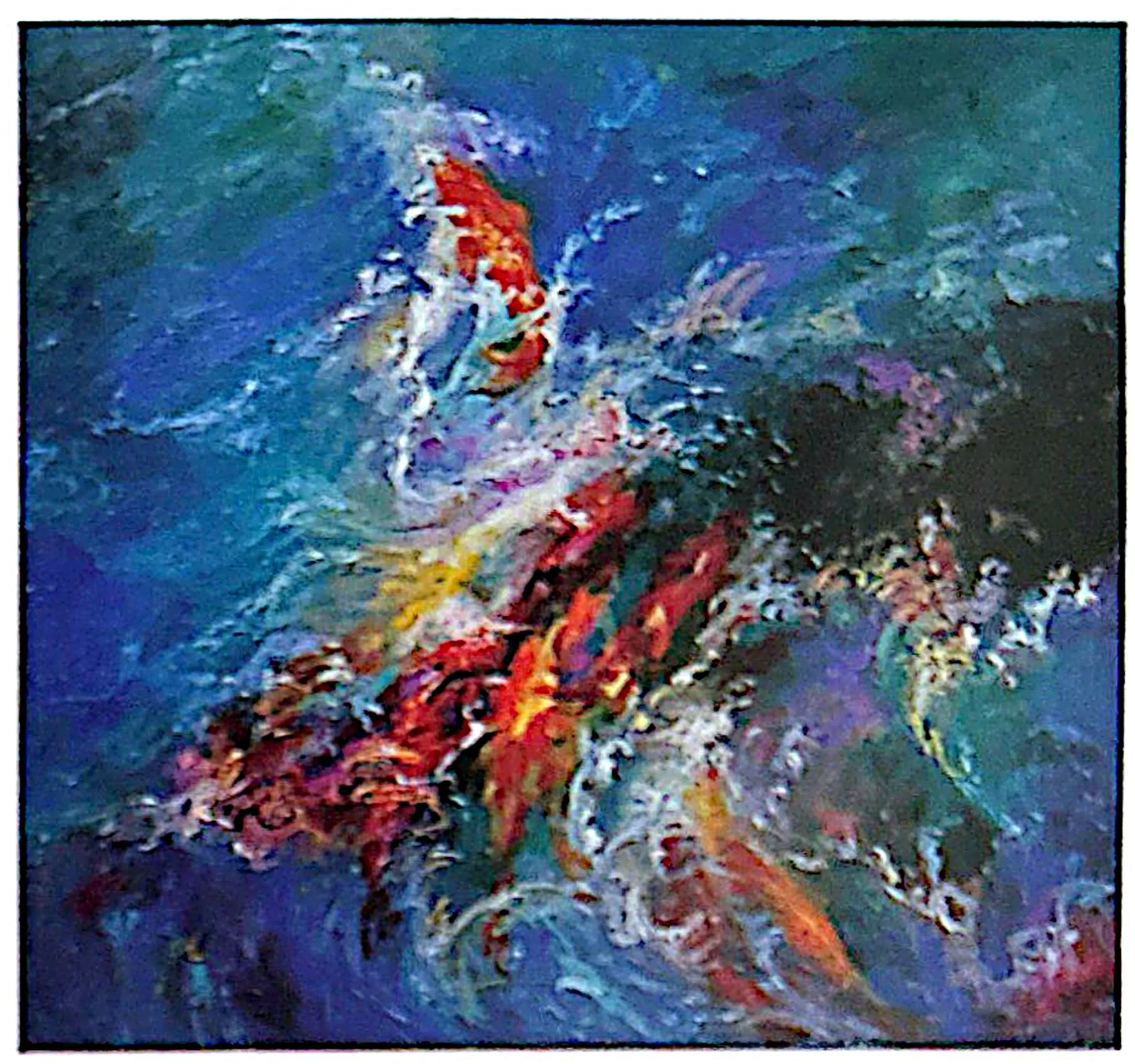 Oil painting titled Golden Carps by Tan Peng Hooi, 1999.