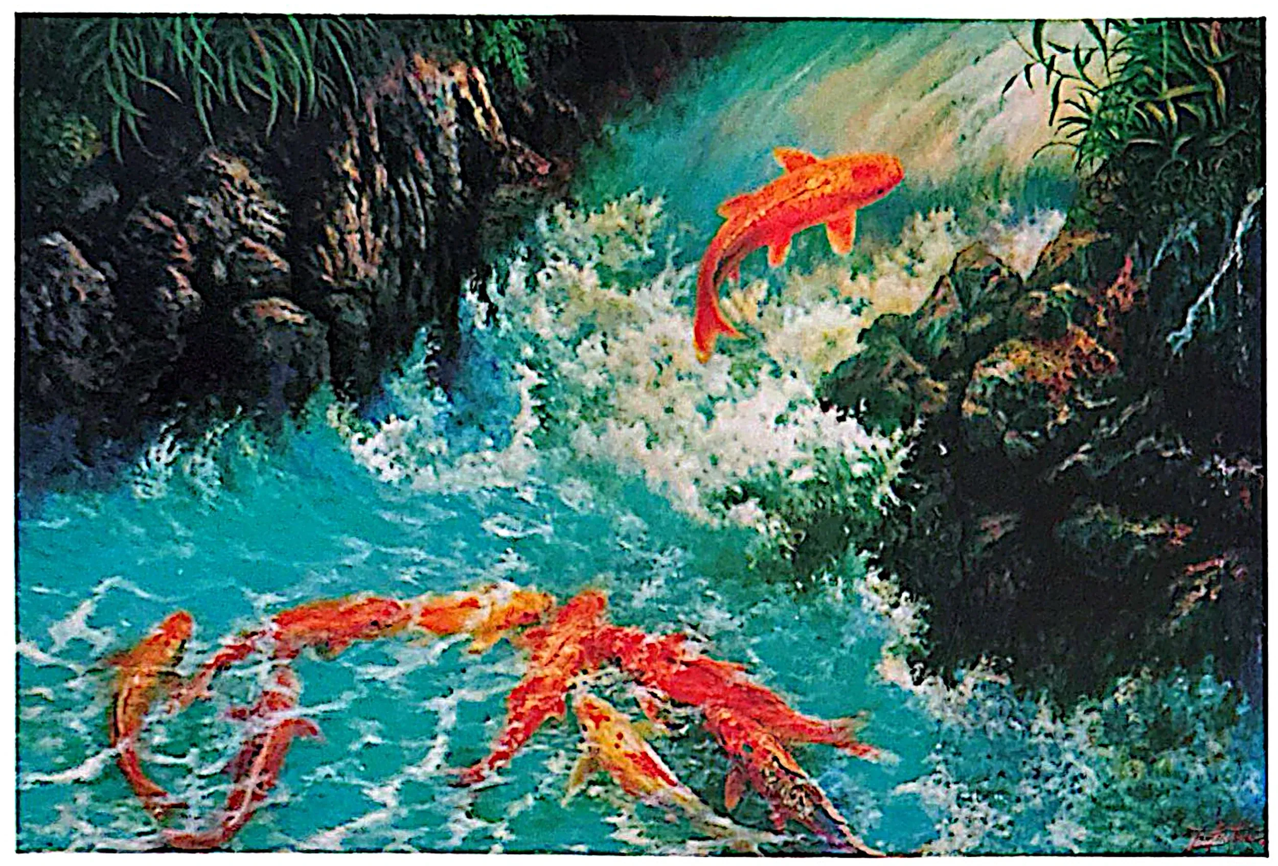 Oil painting titled Golden Carps by Tan Peng Hooi, 1997.