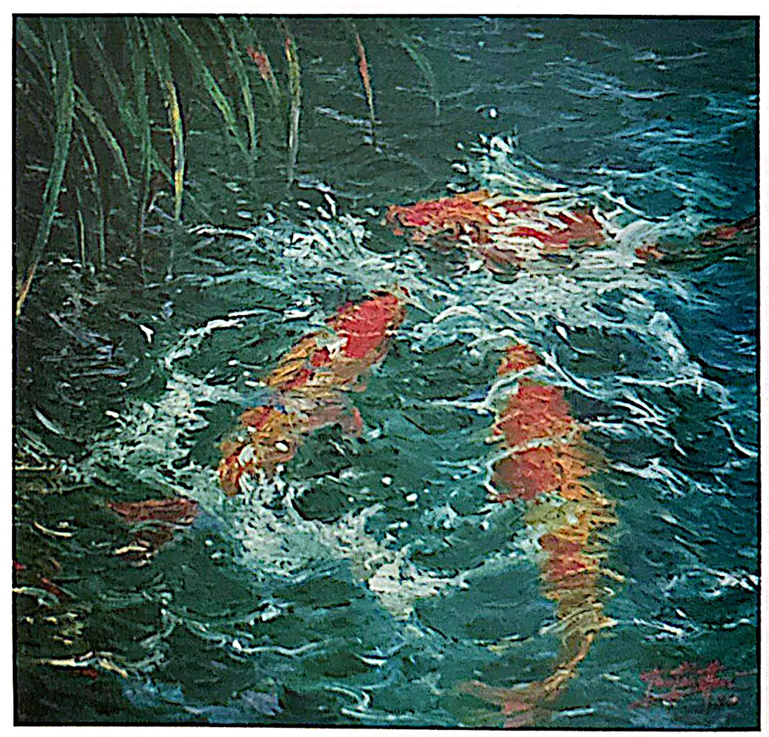 Oil painting titled Golden Carps by Tan Peng Hooi, 1994.