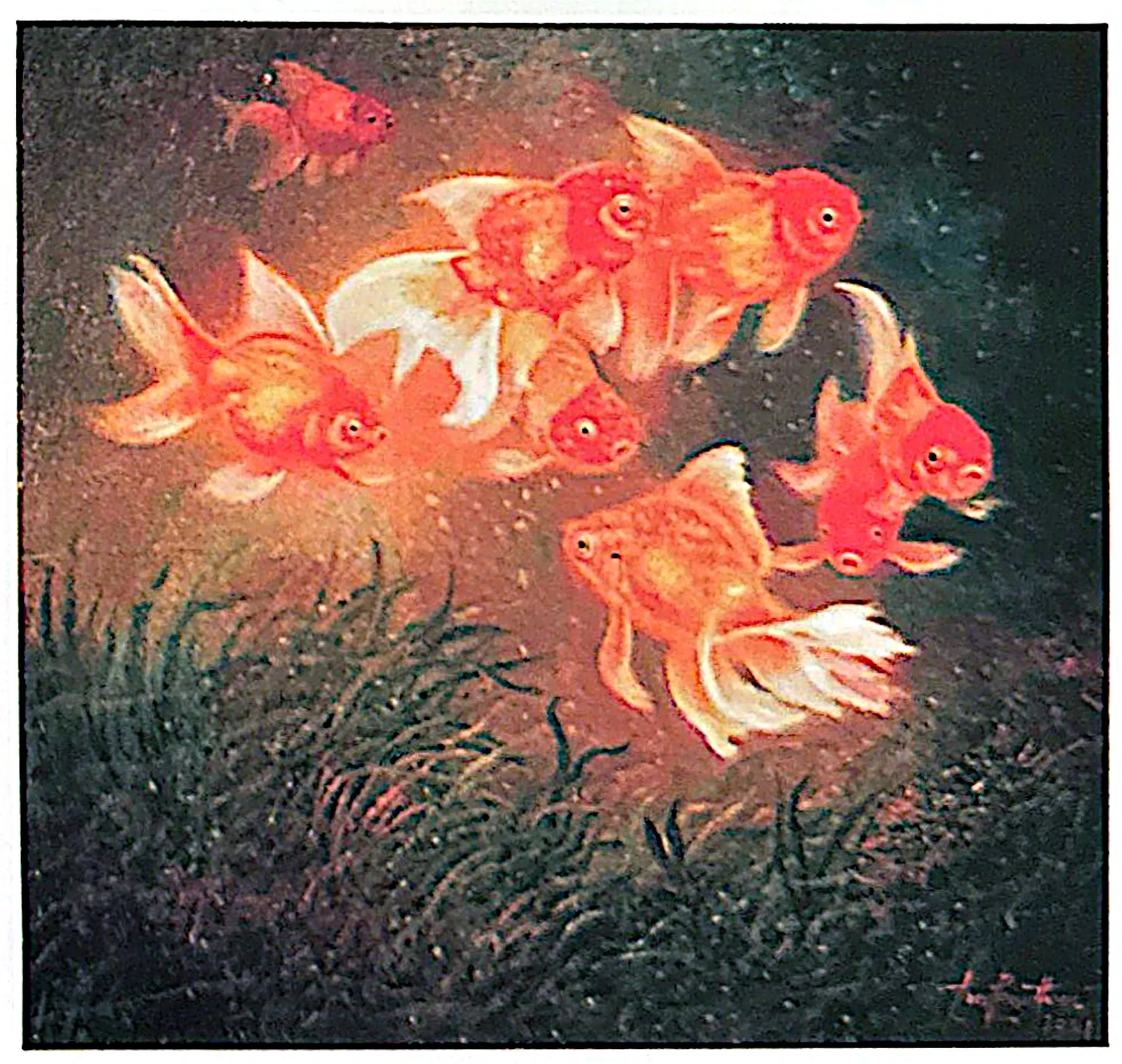 Oil painting titled Golden Fishes by Tan Peng Hooi.