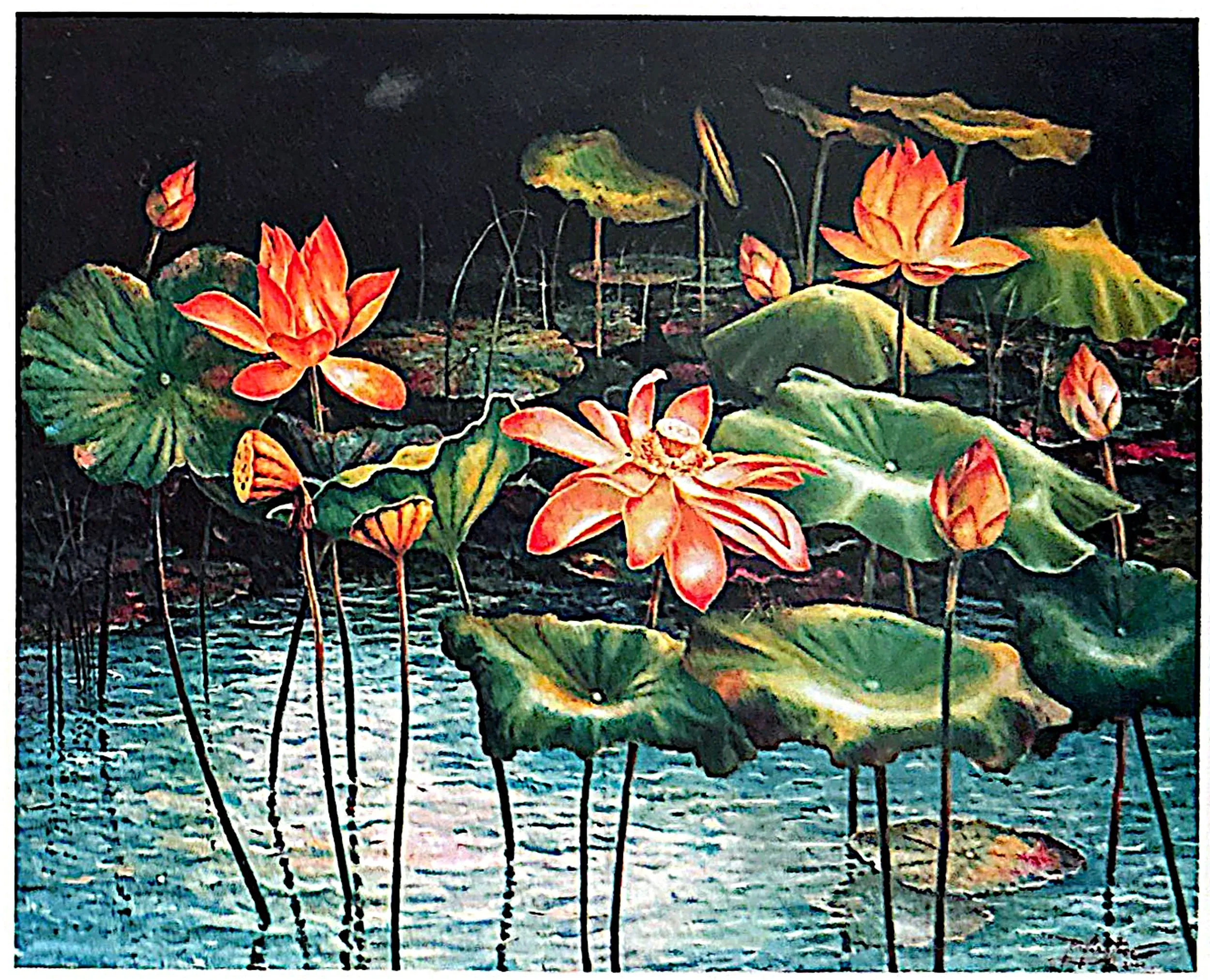 Oil painting titled Lotus by Tan Peng Hooi.