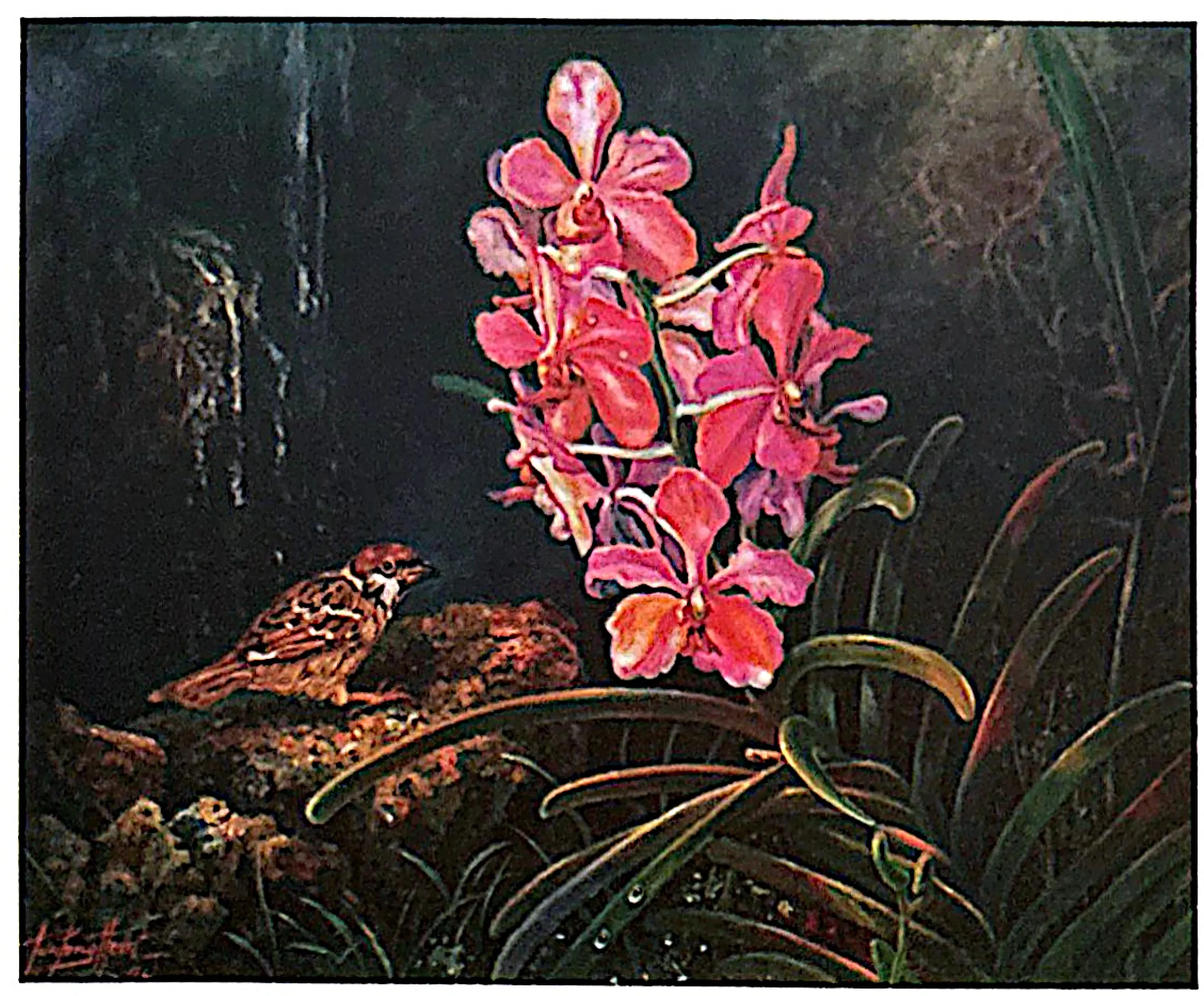 Oil painting titled Orchid and Sparrow by Tan Peng Hooi, 1994.