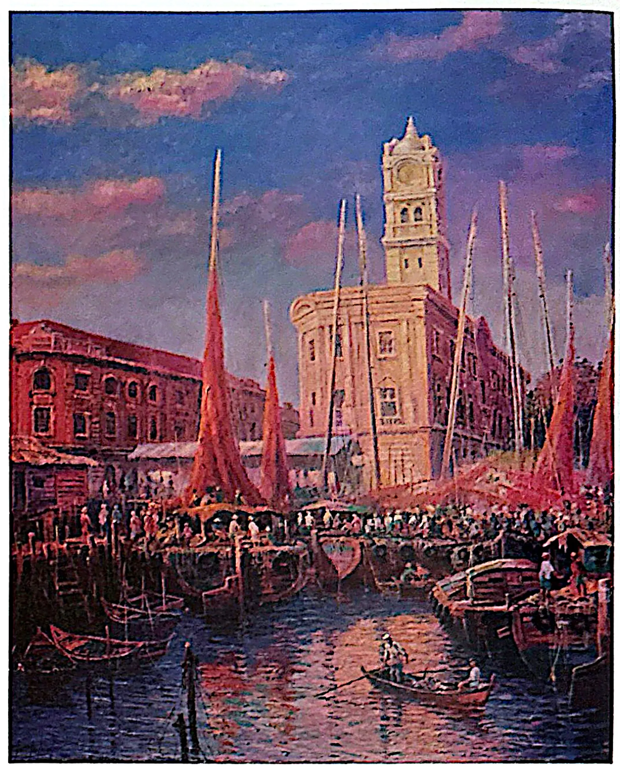 Oil painting titled Penang Clock Tower by Tan Peng Hooi.