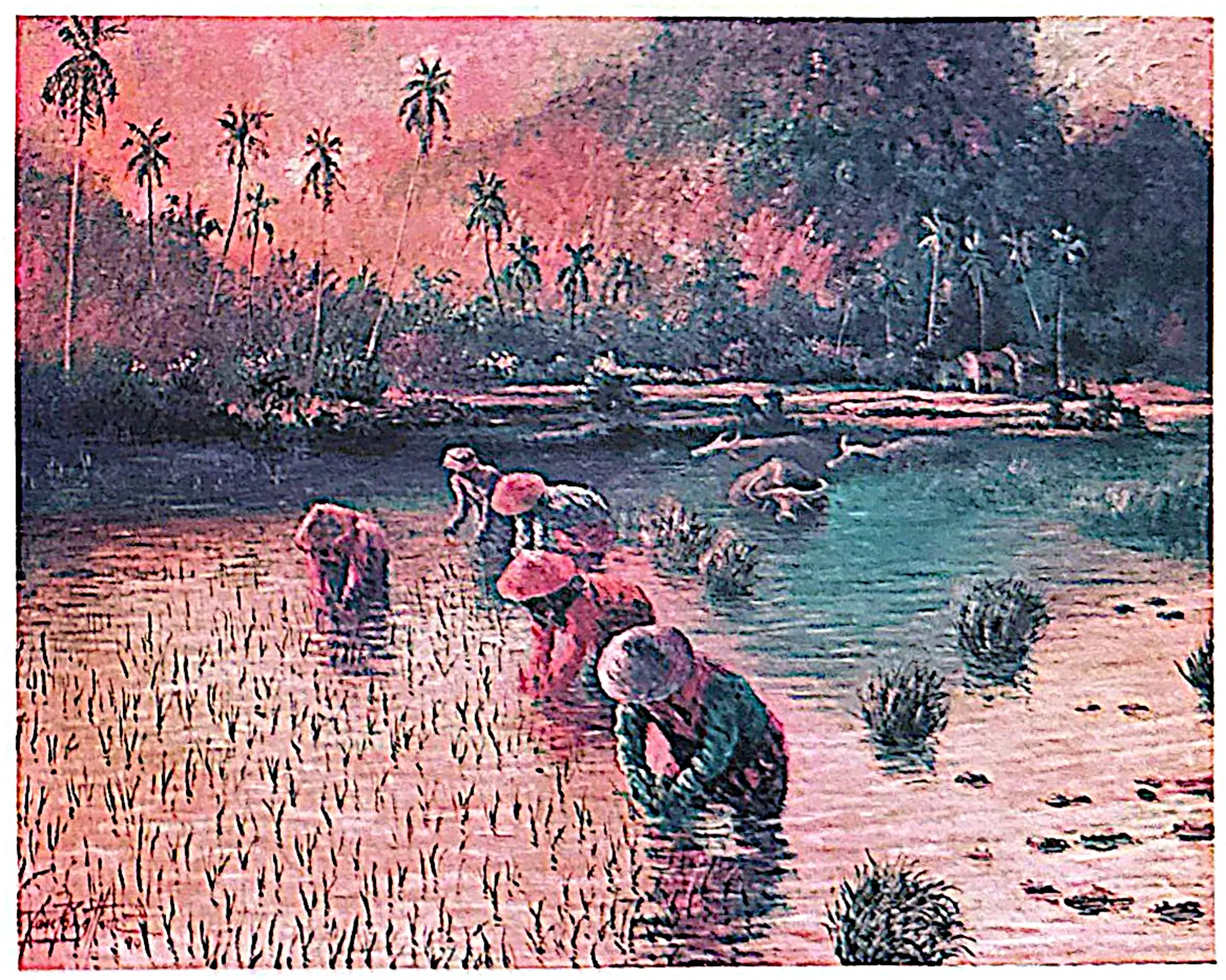 Oil painting titled Planting Padi by Tan Peng Hooi.
