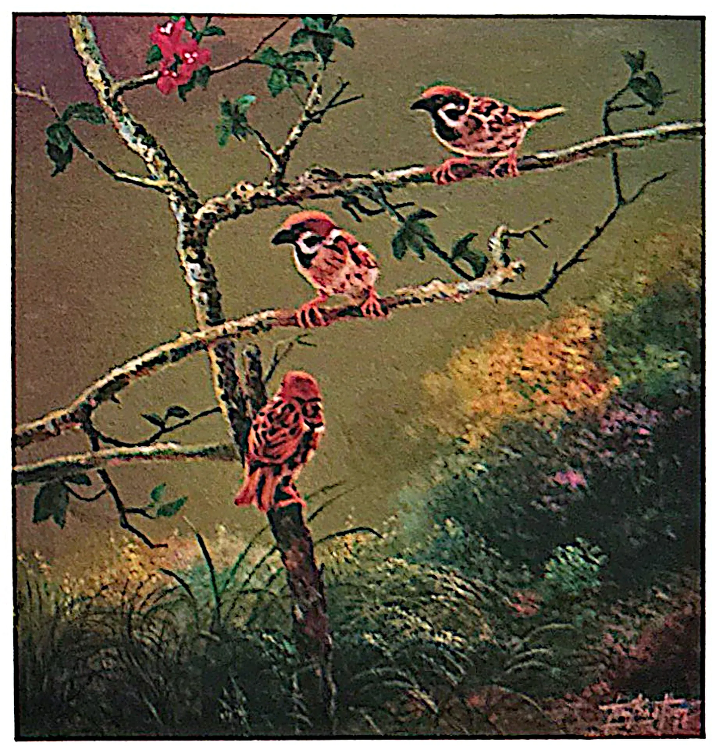 Oil painting titled Sparrows by Tan Peng Hooi, 1999.