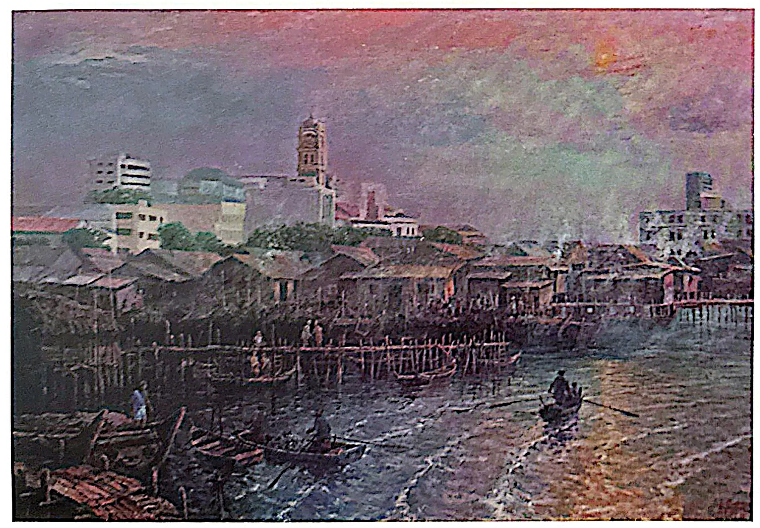 Oil painting titled Weld Quay Scene by Tan Peng Hooi, 1995.