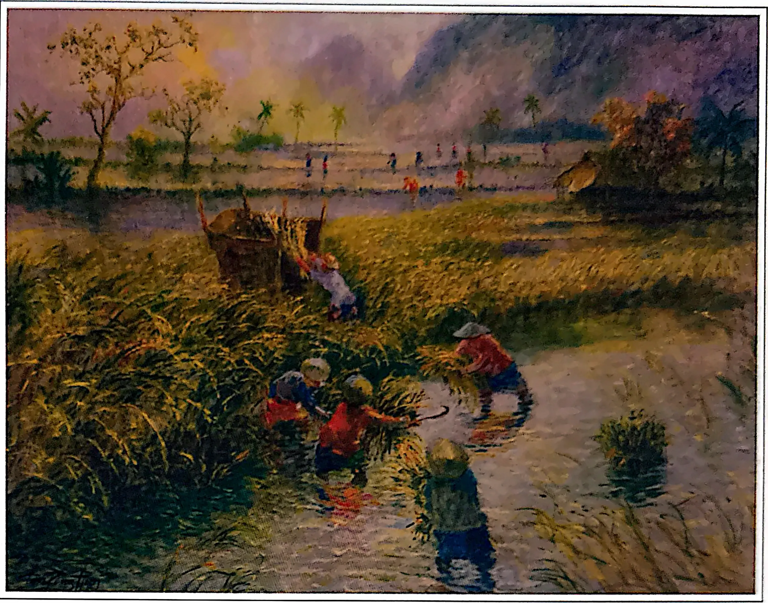 Oil painting titled Harvesting by Tan Peng Hooi, 1967.