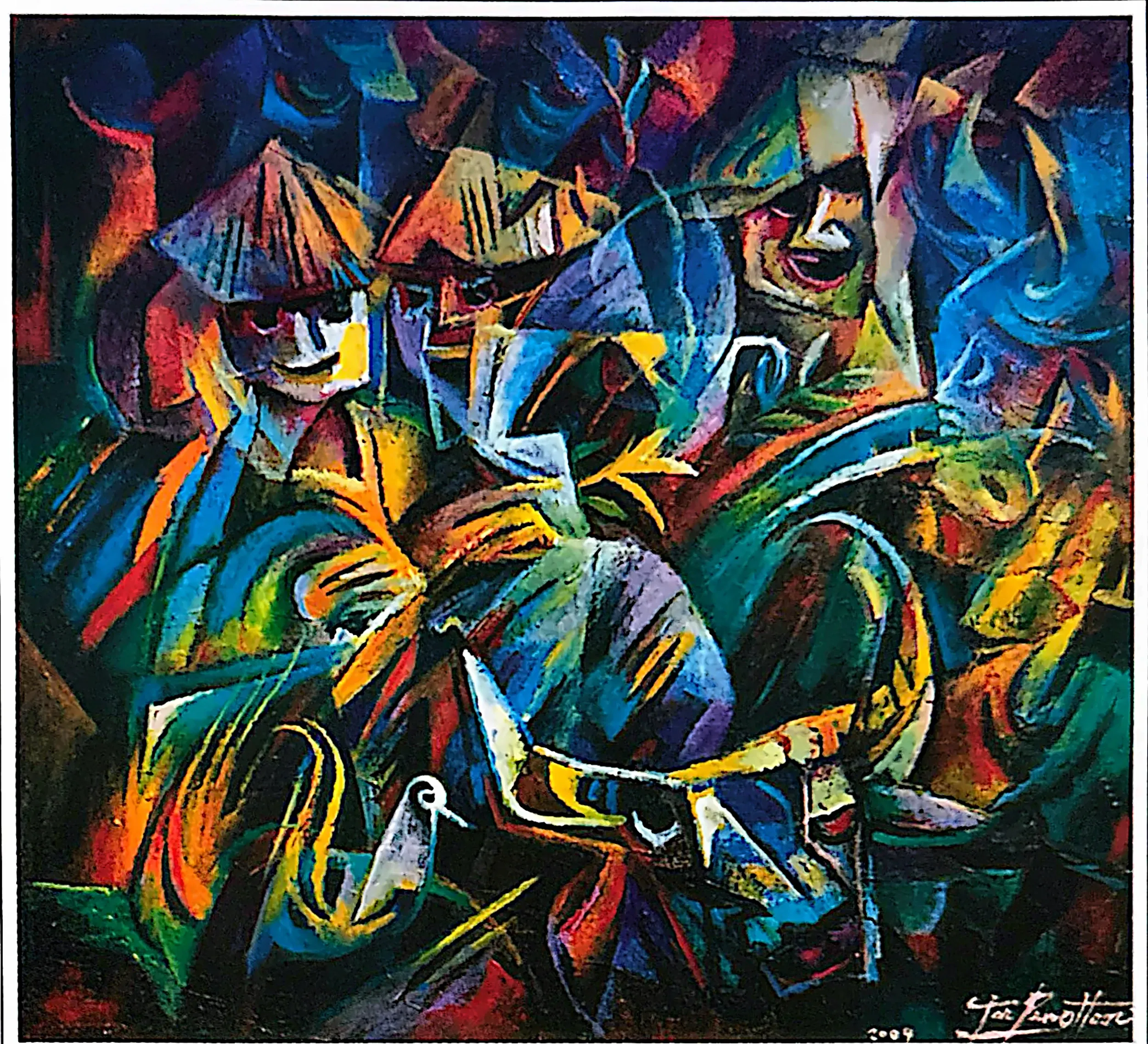 Oil painting titled Harvesting by Tan Peng Hooi, 2009.