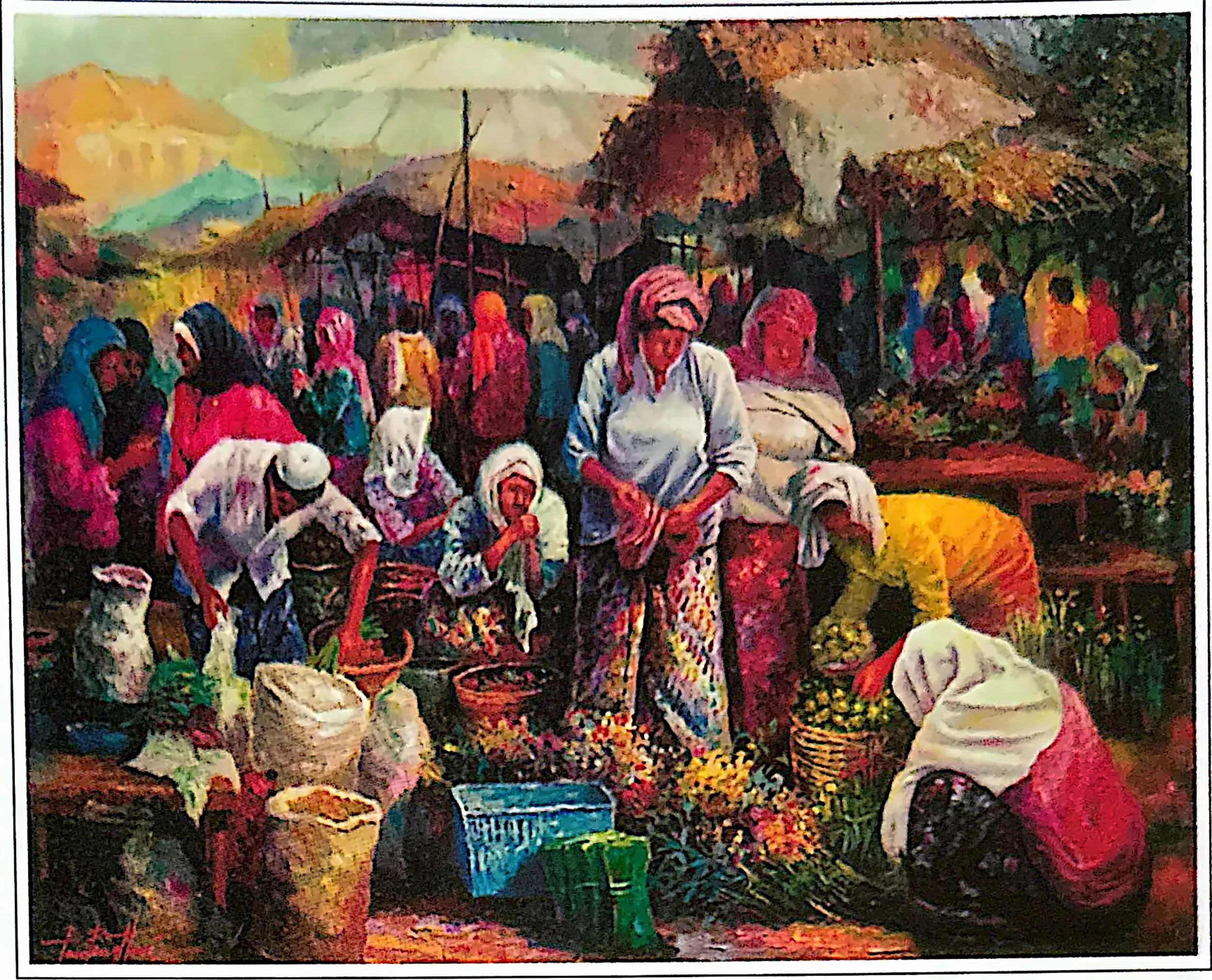 Oil painting titled Market Scene by Tan Peng Hooi, 1991.