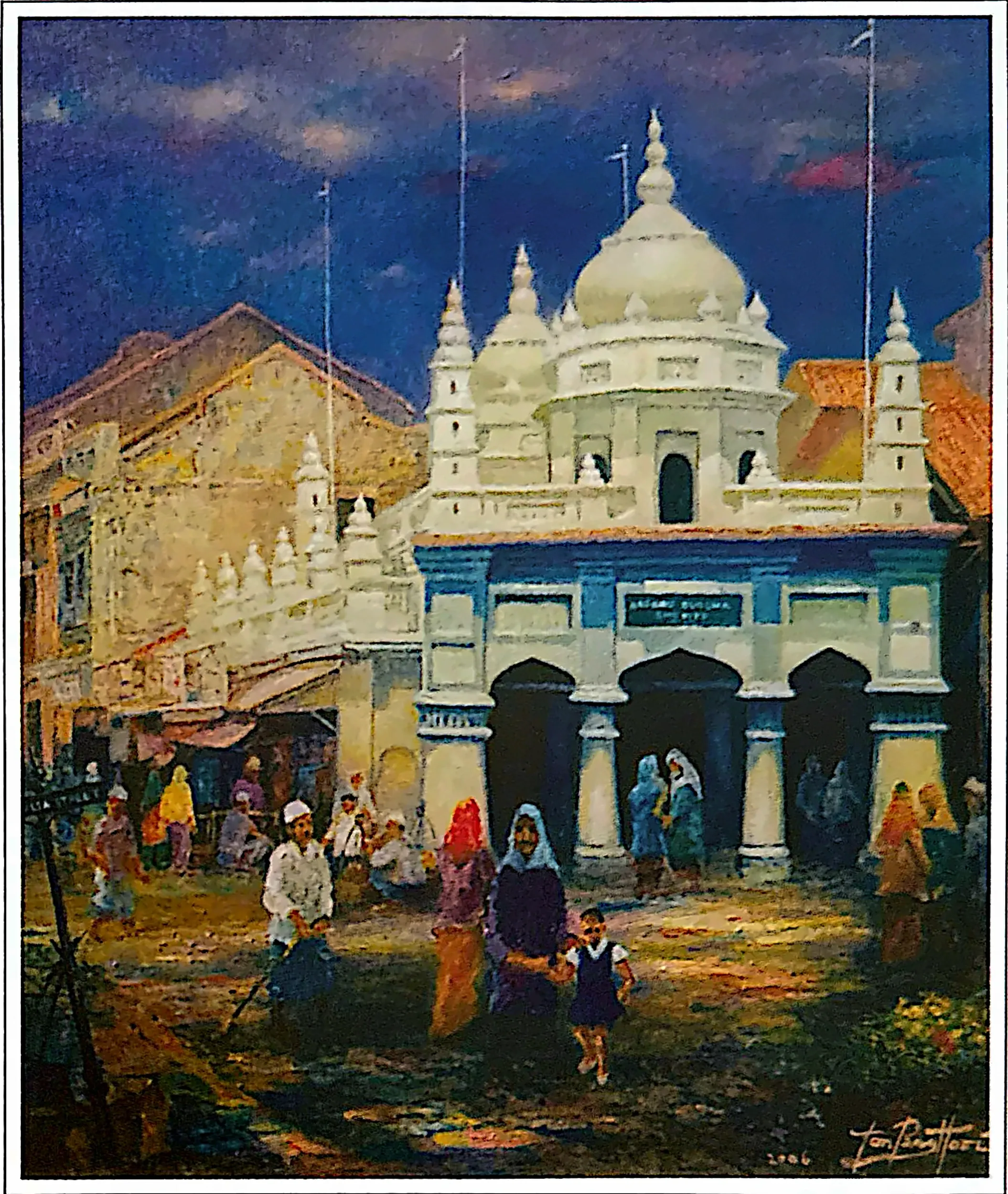 Oil painting titled Nagore Shrine (Chulia Street) by Tan Peng Hooi, 2006.