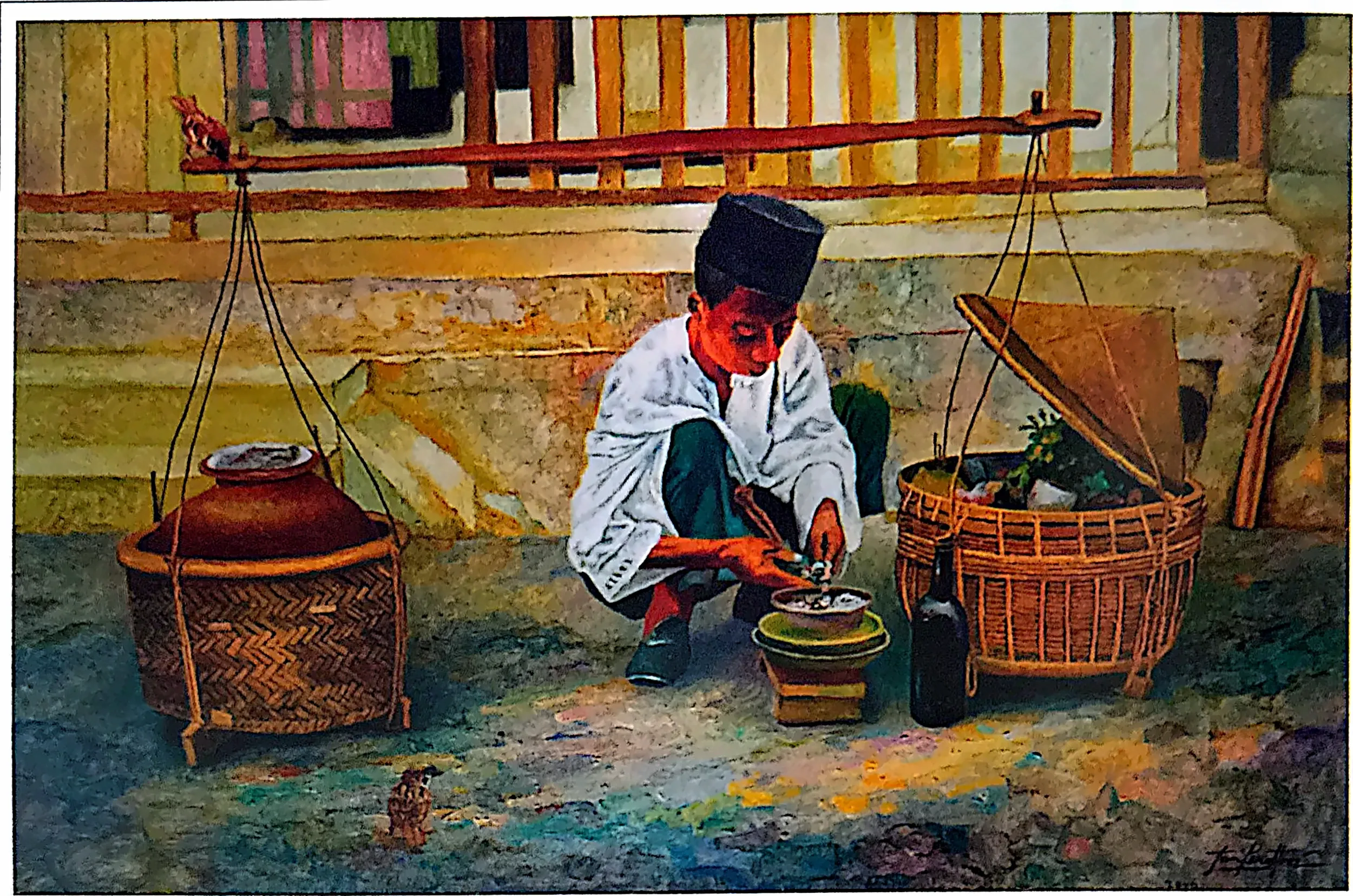 Oil painting titled Olden Days Laksa Seller by Tan Peng Hooi, 2006.