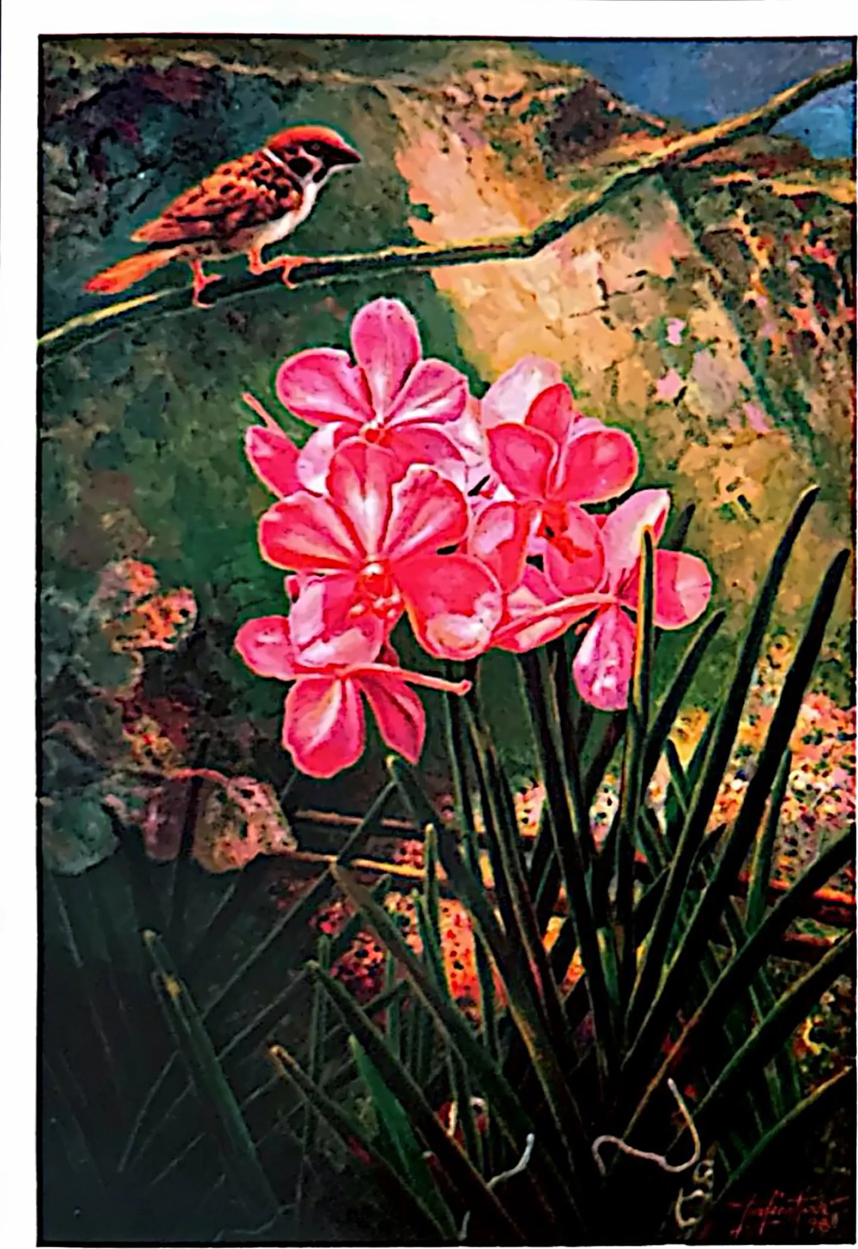 Oil painting titled Orchid & Sparrow by Tan Peng Hooi, 1998.