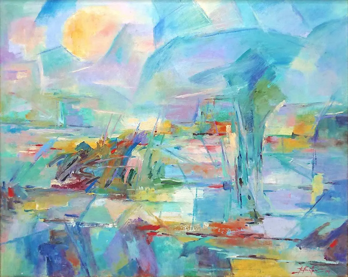 Oil painting of padi (rice) fields.