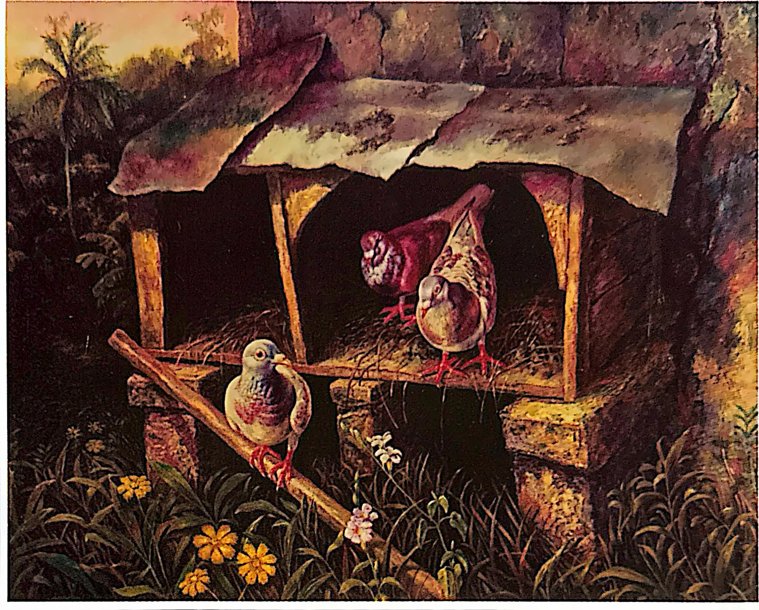 Oil painting titled Peace Doves by Tan Peng Hooi, 1990.
