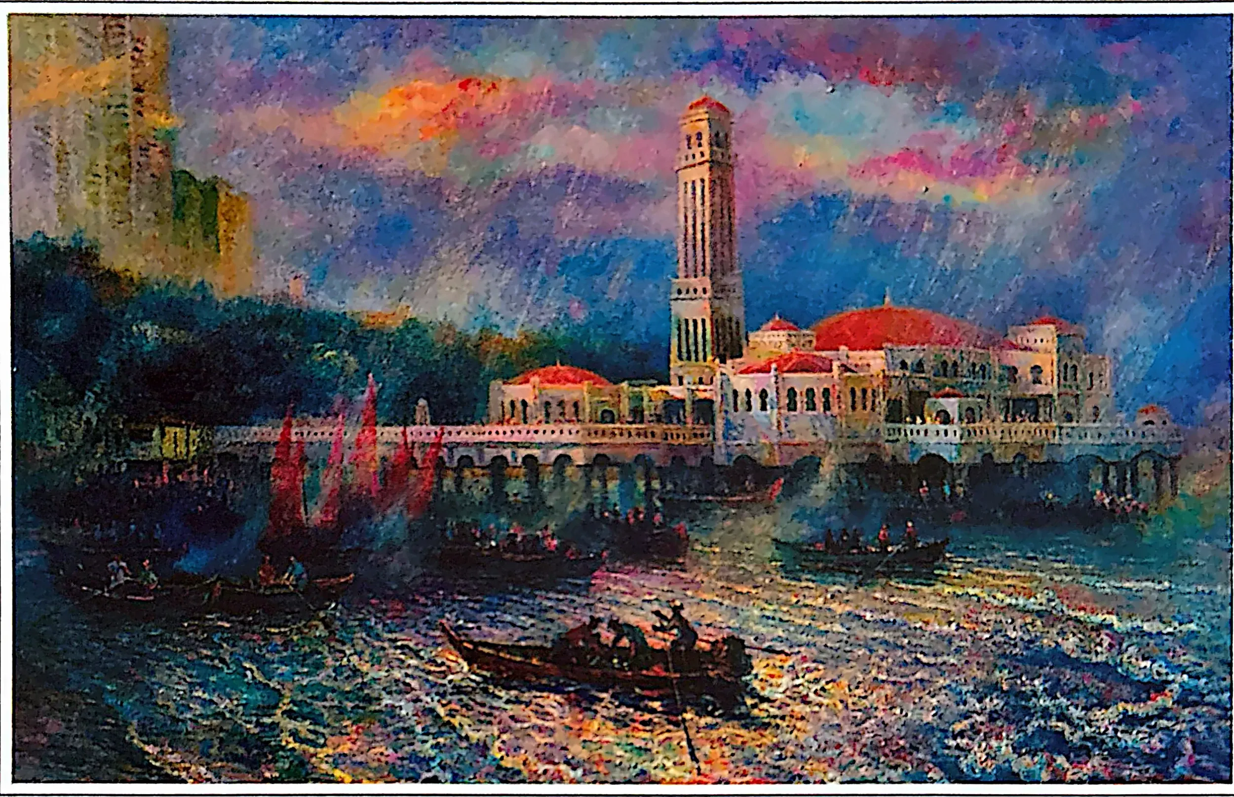 Oil painting titled Penang Floating Mosque by Tan Peng Hooi, 2005.