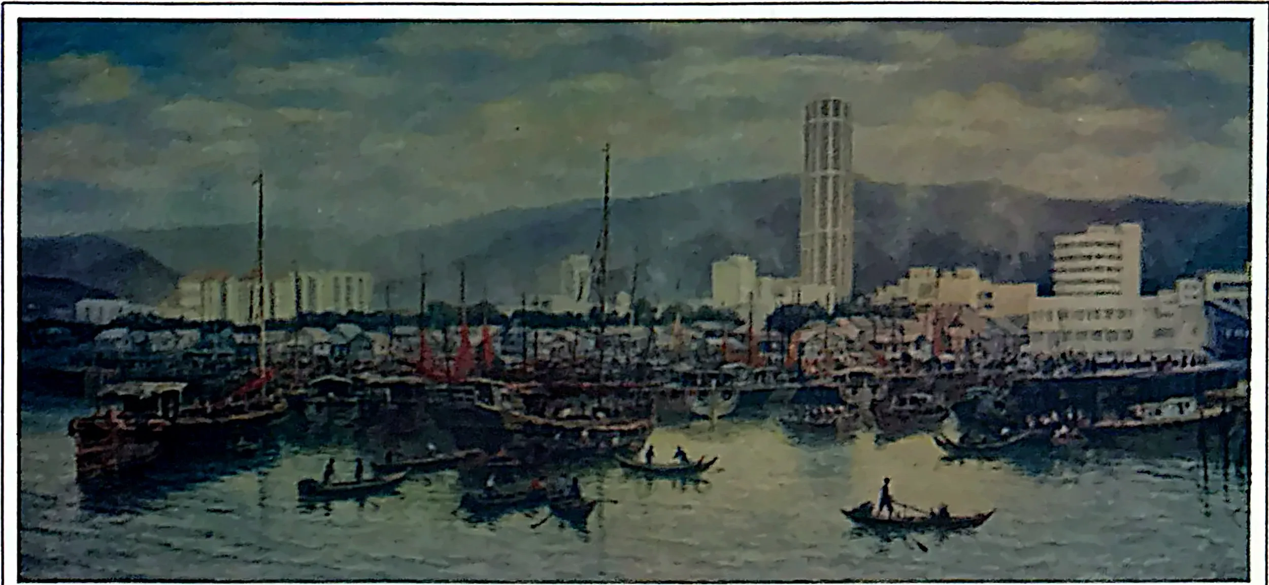 Oil painting titled Penang Harbour by Tan Peng Hooi, 1986.